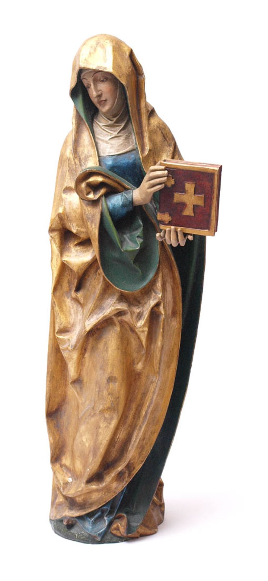 HeiligenfigurStehende Heilige, in ihren Händen eine Bibel haltend. Lindenholz, geschnitzt, farbig