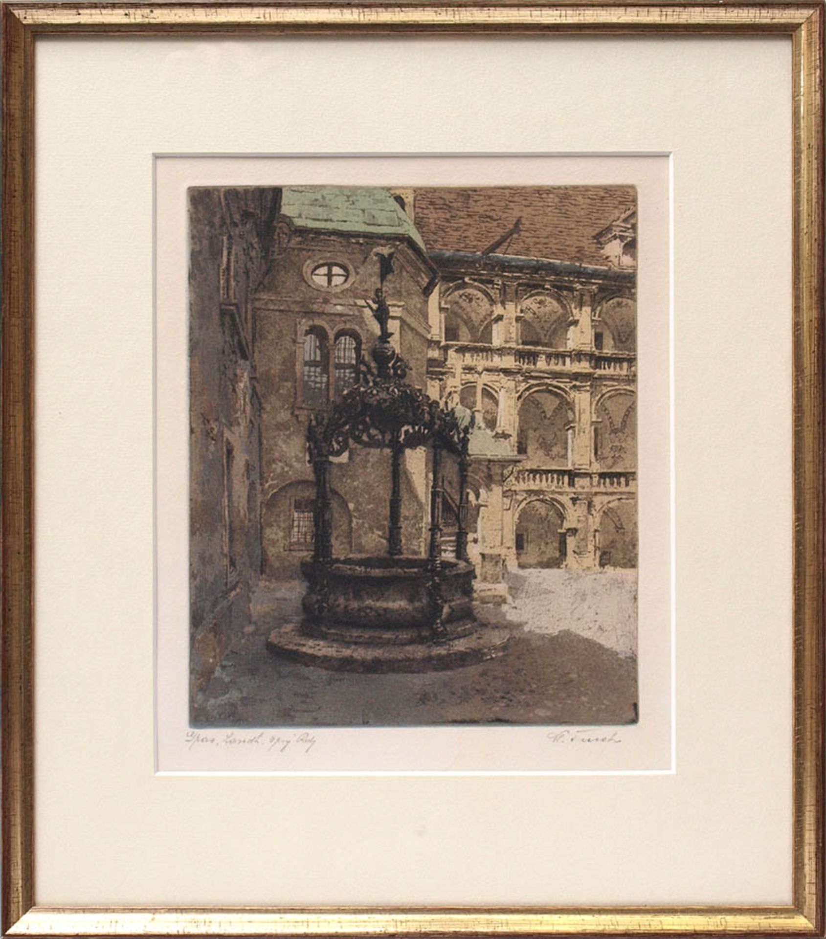 Funck, W.Ansicht eines prächtigen Brunnens in einem Schlosshof. Radierung, sparsam koloriert,