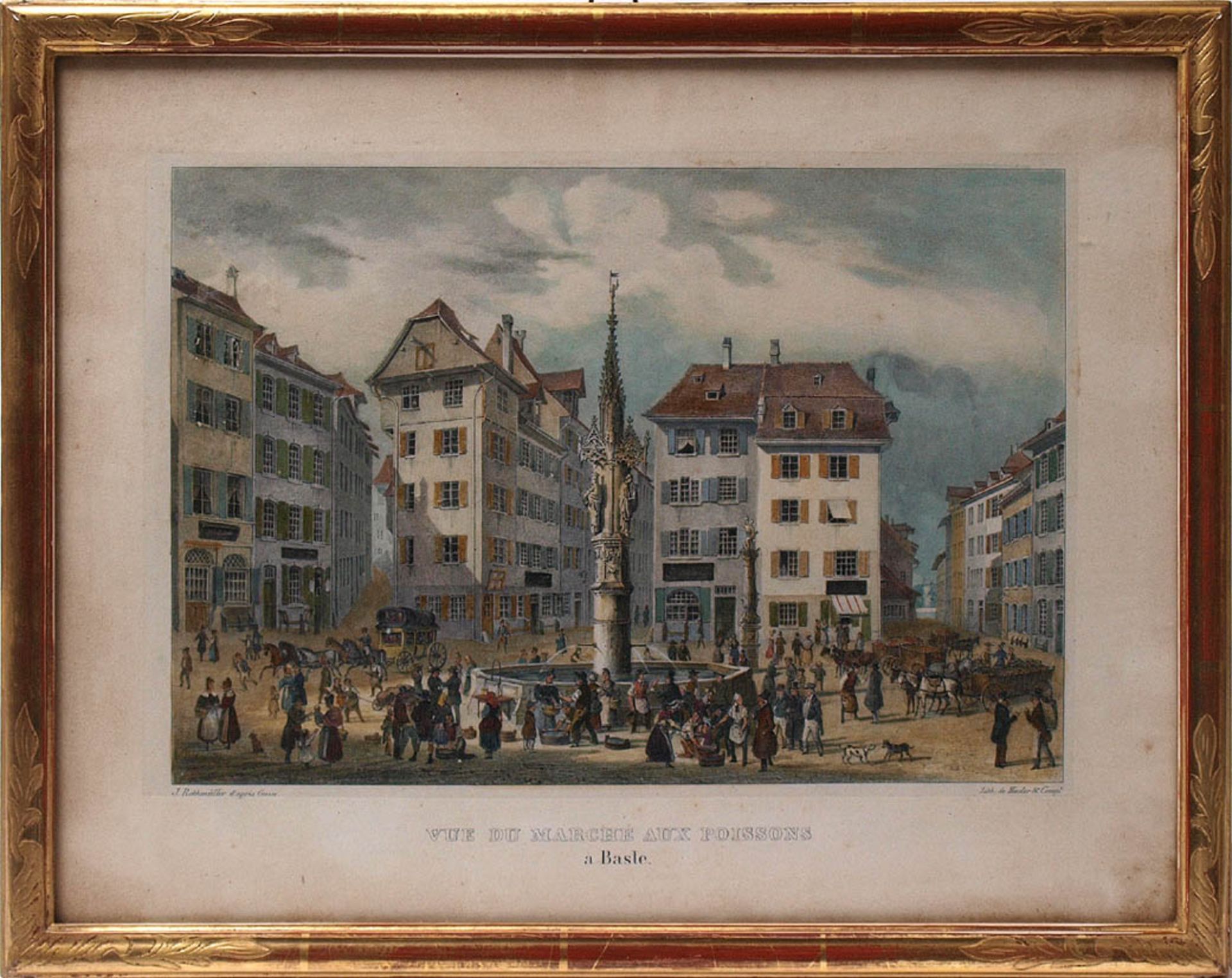 Lithographie, Hasler & Co., 19.Jhdt.Blick auf den Basler Fischmarkt. Handkoloriert, Blattgoldrahmen.