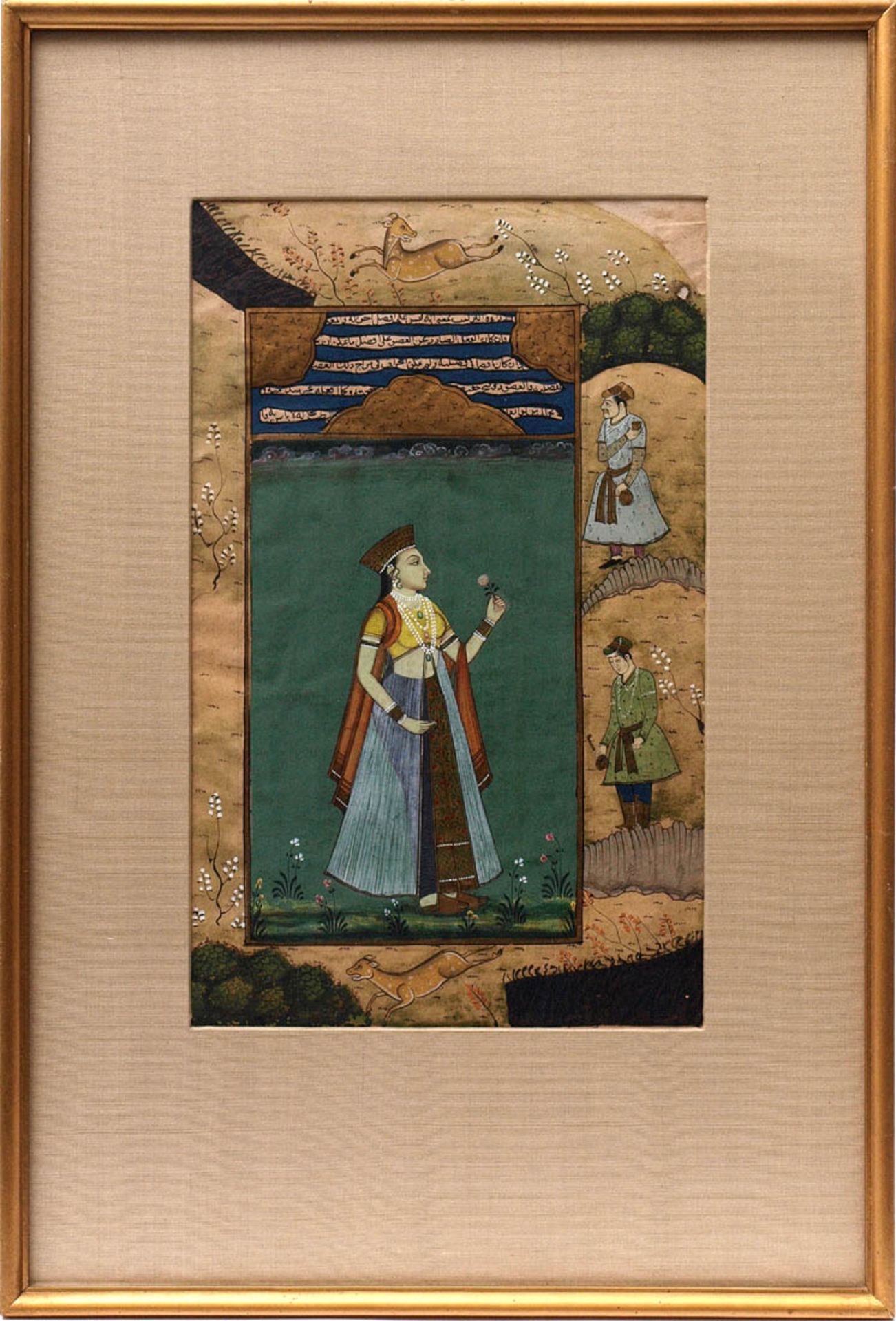 Miniaturmalerei, persischVornehme Dame mit Blume, umgeben von Landschaft mit Tieren und Dienern.