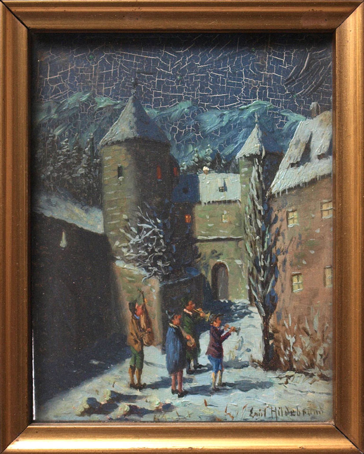 Hildebrand, Emil, geb. 1930Winterliche Partie in einer mittelalterlichen Stadt, im Vordergrund