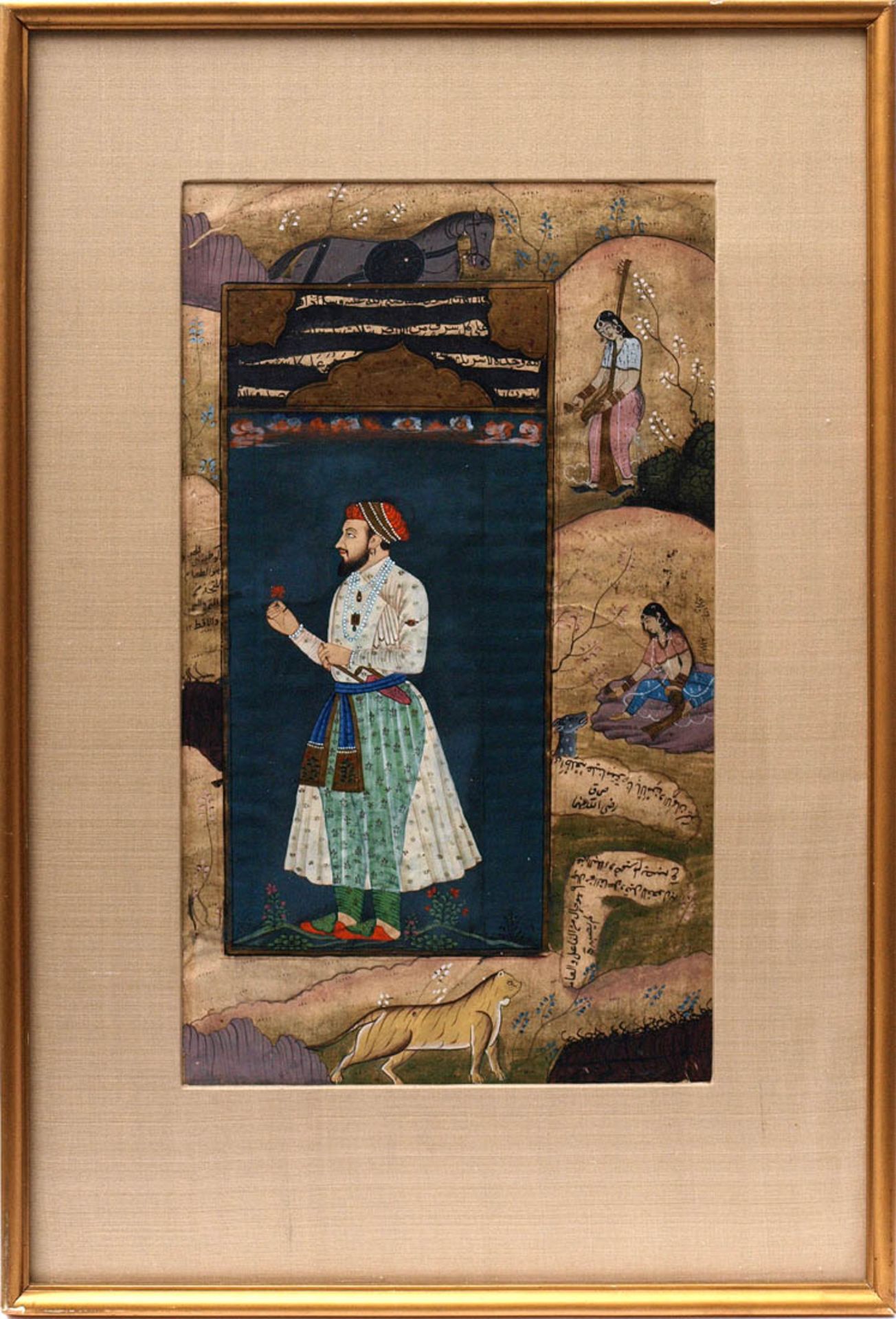 Miniaturmalerei, persischPrächtig gekleideter Fürst, umgeben von stilisierter Landschaft mit