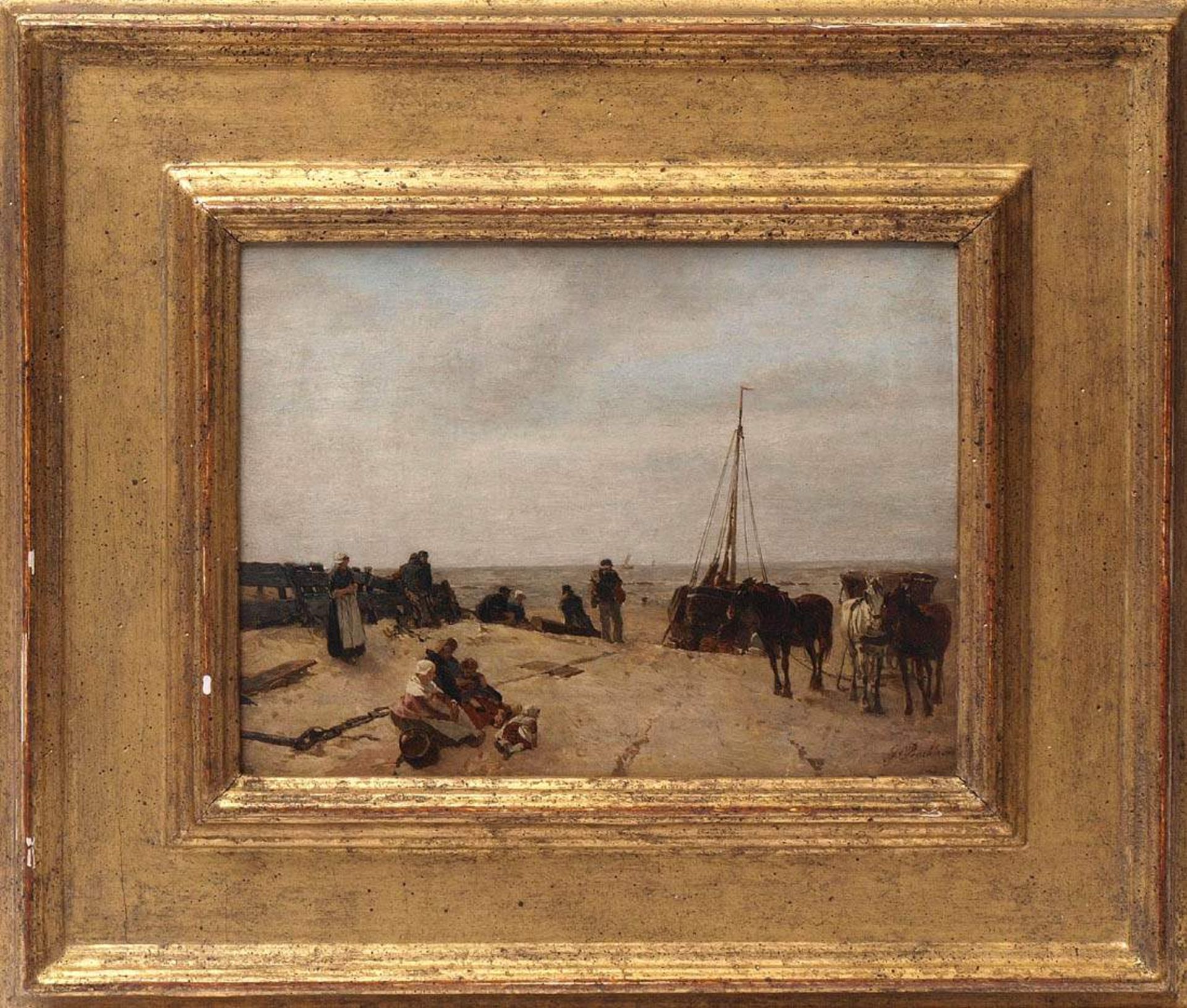 von Bochmann, Gregor, 1850 - 1930Strandszene mit Boot und Pferdegespann, daneben reiche