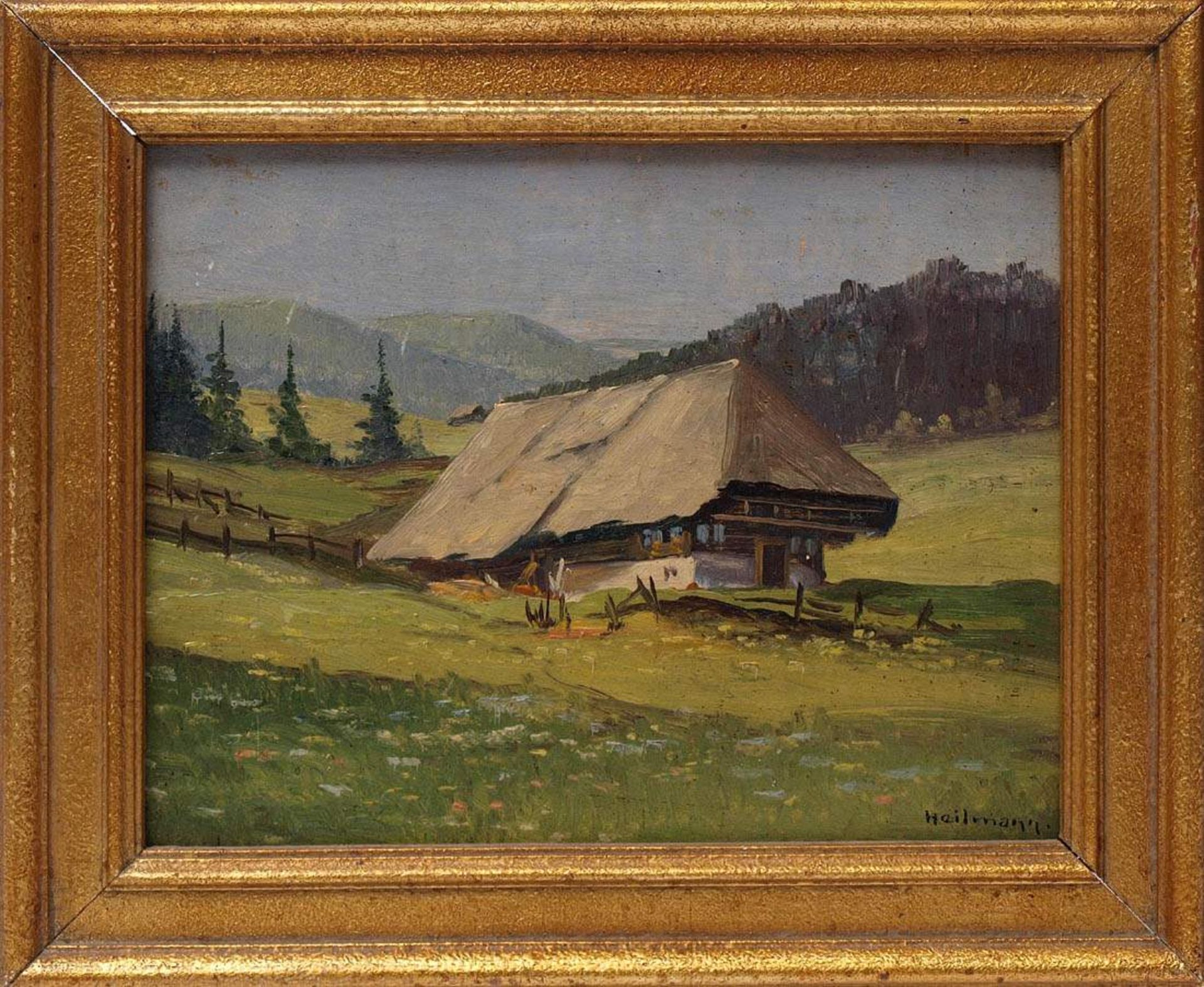 Heilmann, Karl, 1881 - 1935Ansicht eines Schwarzwaldhofes in weiter Landschaft. Öl/Kt., rechts unten