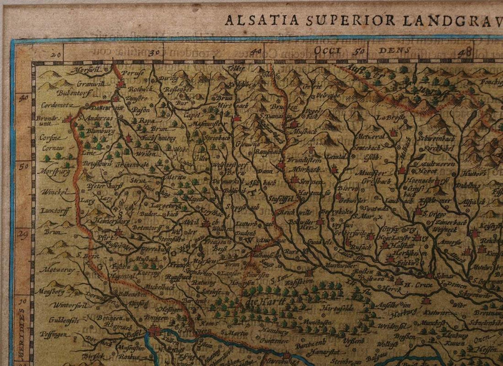Hondius, Jodocis I, 16./17.Jhdt.Landkarte des Elsass und des Sundgaus. Altkoloriert, offen ger. - Bild 2 aus 8