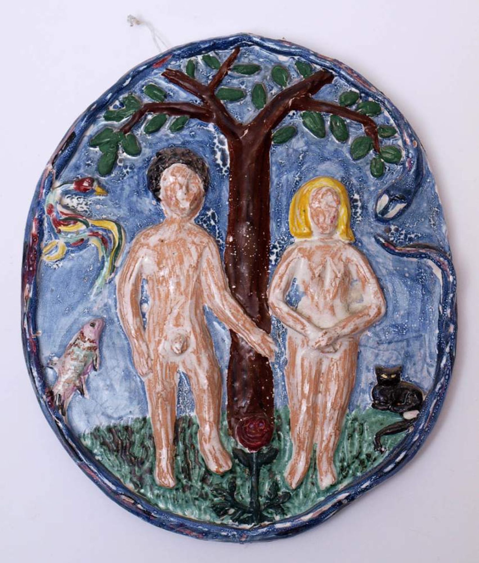 Wandapplik, wohl Kandern, 20.Jhdt.Adam und Eva unter dem Baum mit der Schlange. Ton, farbig
