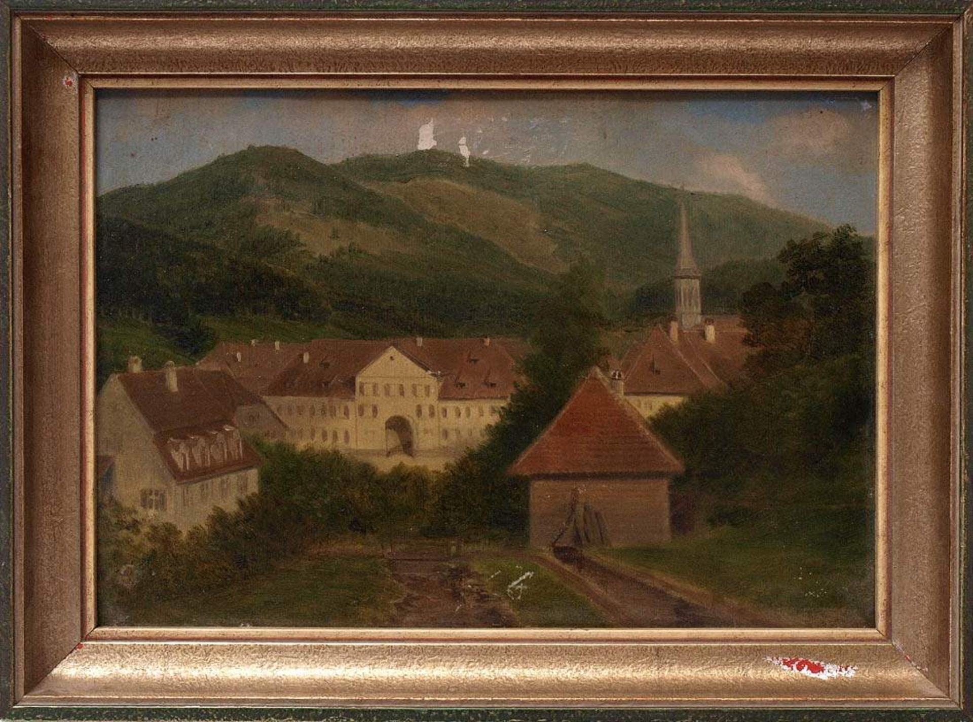 Unbekannter KünstlerAnsicht des Klosters in Günterstal. Öl/Kt., ger. Bildgröße 26x18,5cm. Außenmaß