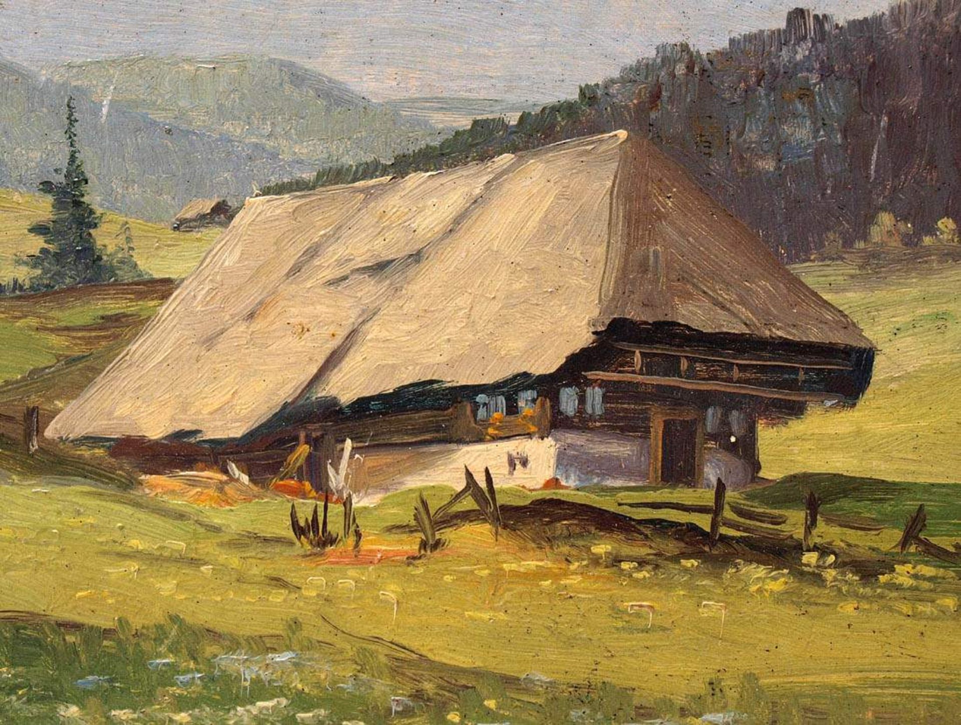 Heilmann, Karl, 1881 - 1935Ansicht eines Schwarzwaldhofes in weiter Landschaft. Öl/Kt., rechts unten - Bild 2 aus 3