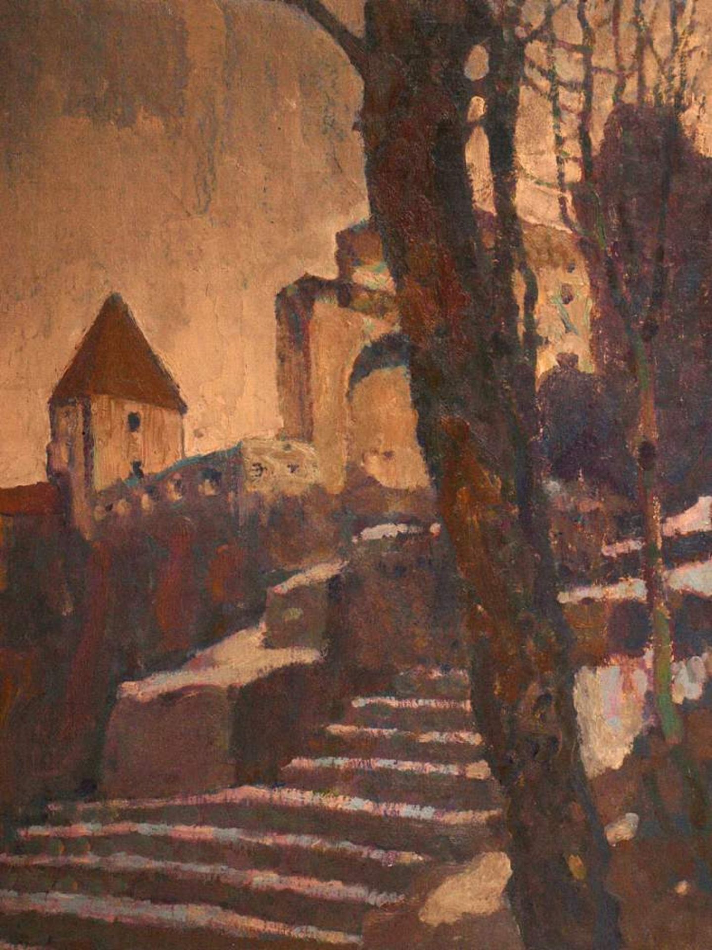 Weber-Tyrol, Hans Josef, 1874 - 1957Ansicht einer winterlichen Burganlage auf einem Berg. Öl/Lwd., - Bild 2 aus 8