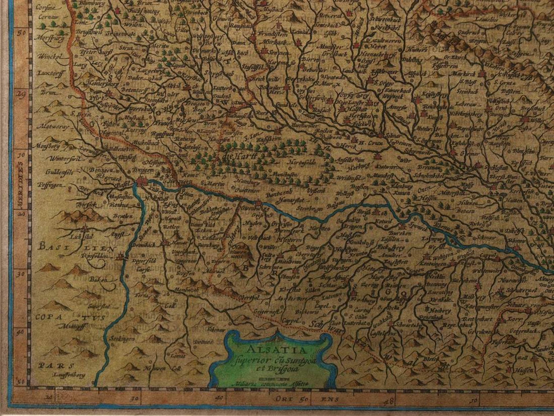 Hondius, Jodocis I, 16./17.Jhdt.Landkarte des Elsass und des Sundgaus. Altkoloriert, offen ger. - Bild 5 aus 8
