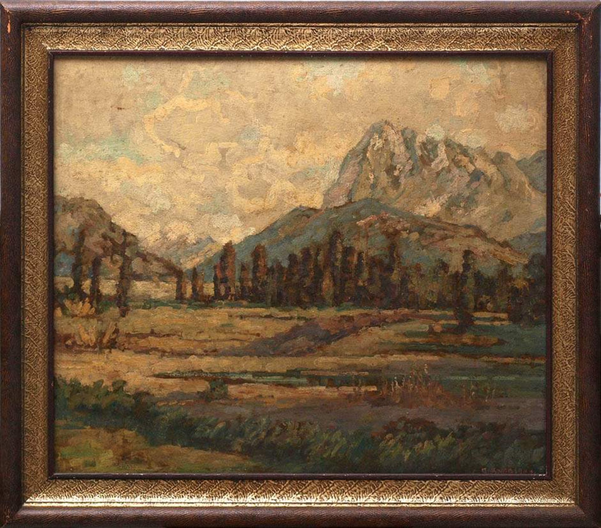 Knoblauch, Karl, um 1900Partie in den Voralpen, im Hintergrund die Berge unter wolkenverhangenem