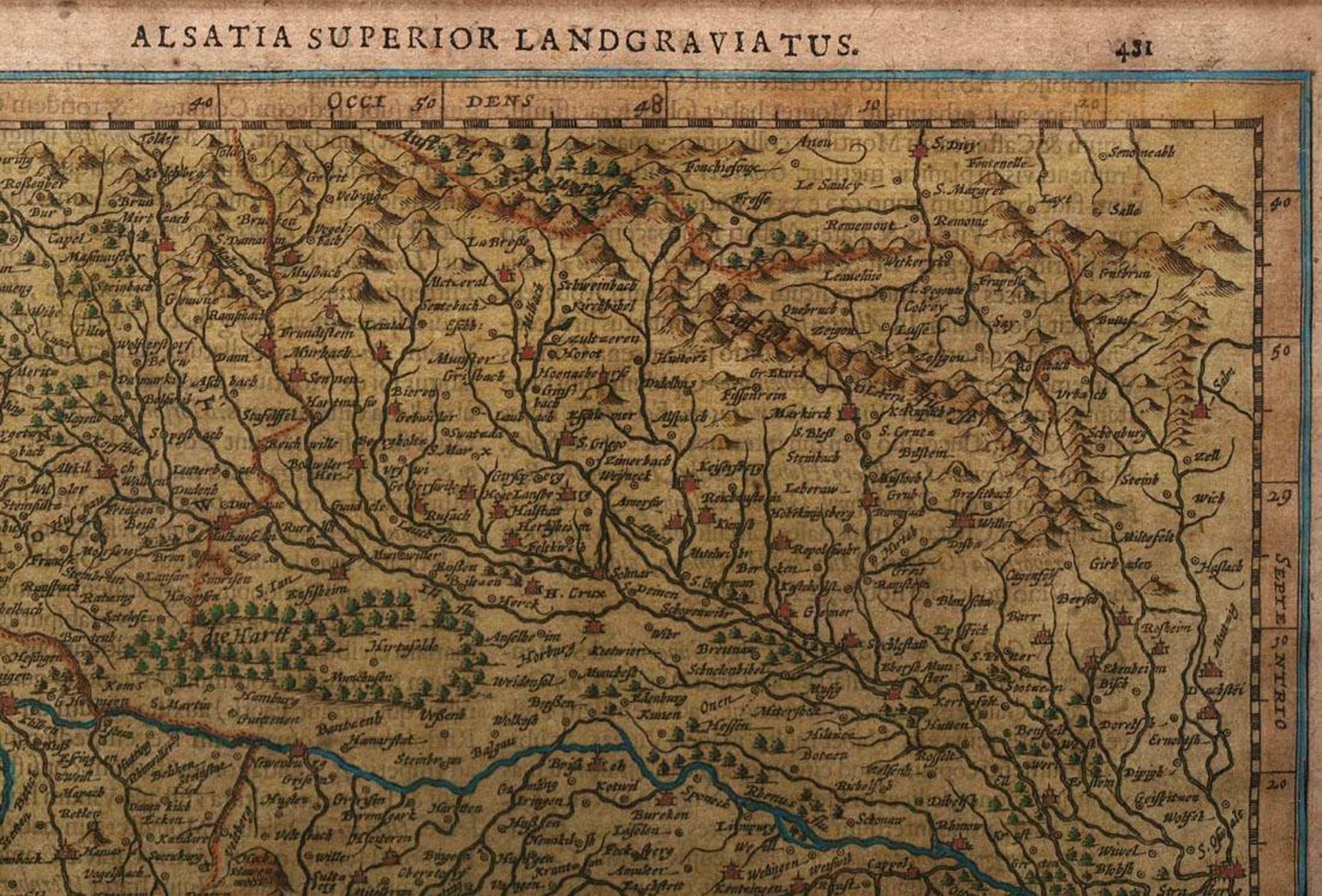 Hondius, Jodocis I, 16./17.Jhdt.Landkarte des Elsass und des Sundgaus. Altkoloriert, offen ger. - Bild 3 aus 8