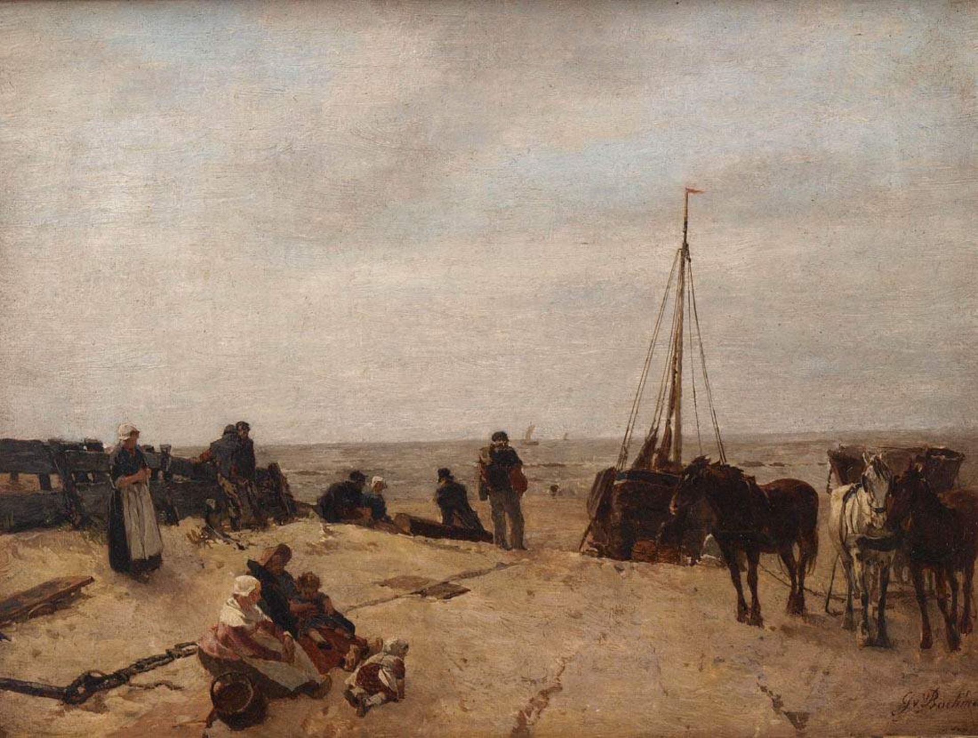 von Bochmann, Gregor, 1850 - 1930Strandszene mit Boot und Pferdegespann, daneben reiche - Bild 2 aus 11