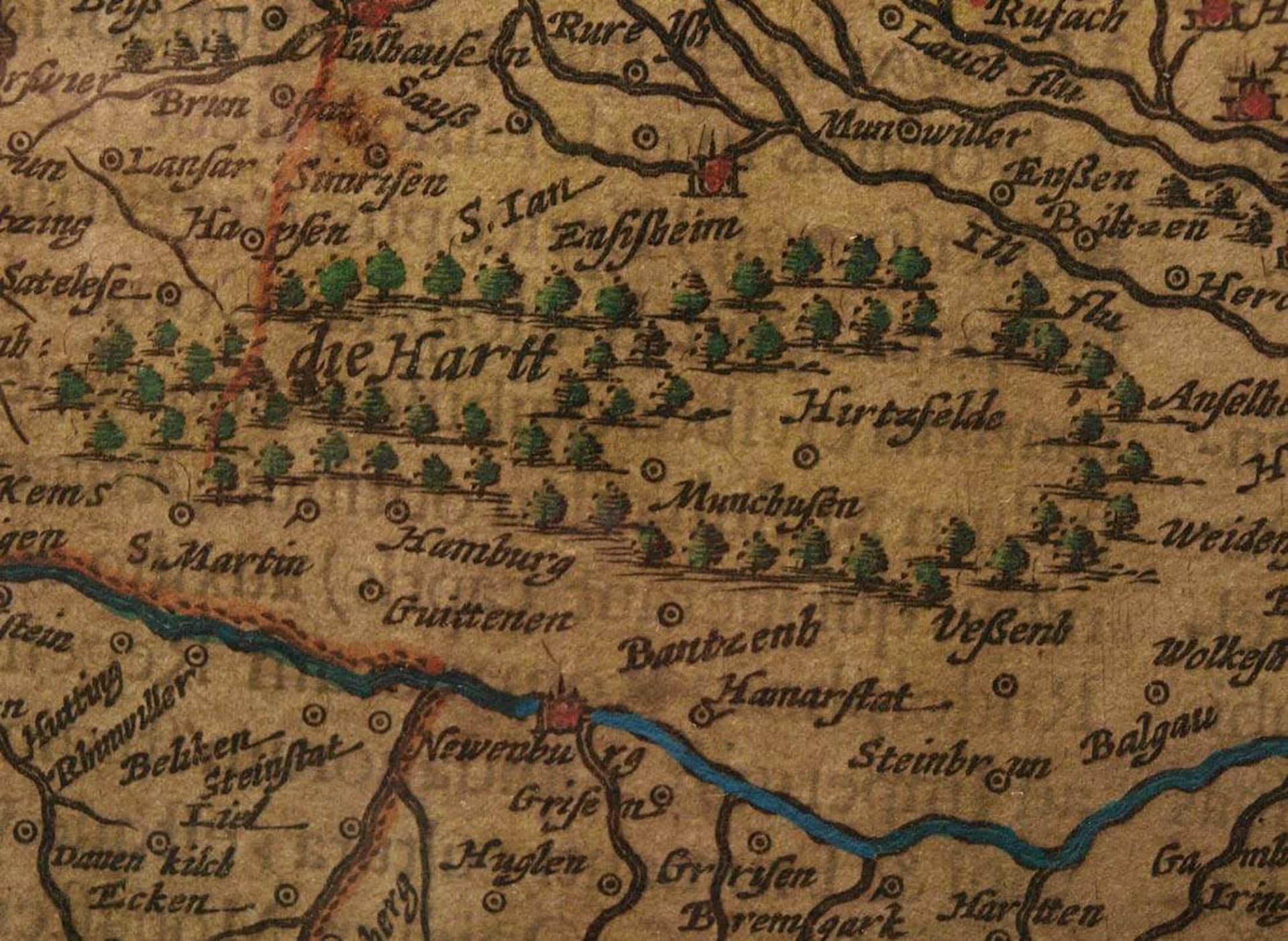 Hondius, Jodocis I, 16./17.Jhdt.Landkarte des Elsass und des Sundgaus. Altkoloriert, offen ger. - Bild 6 aus 8