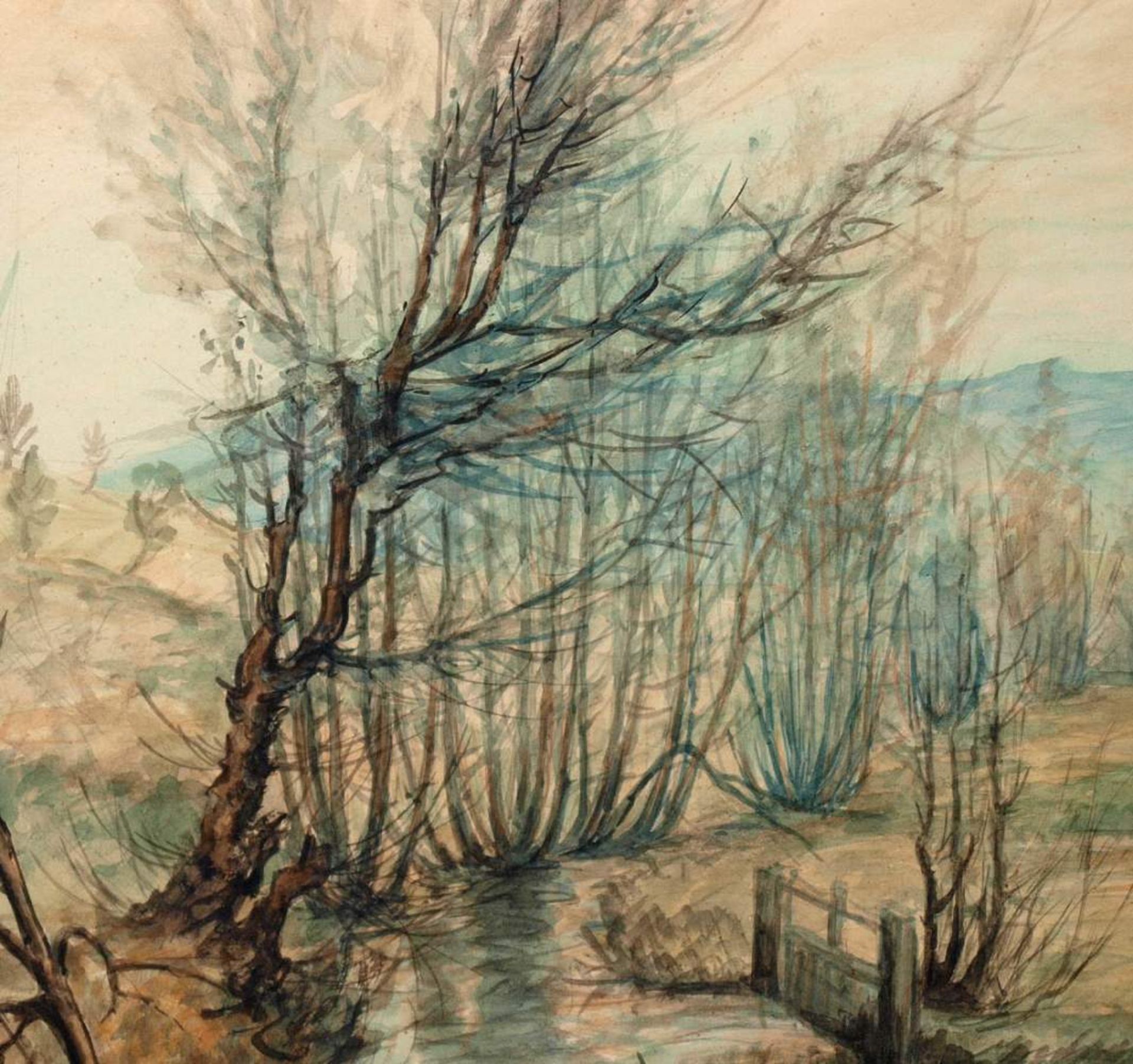 Unbekannter KünstlerVon Weiden umstandener Bachlauf in einer Wiese am Hang, im Hintergrund ein - Bild 2 aus 3