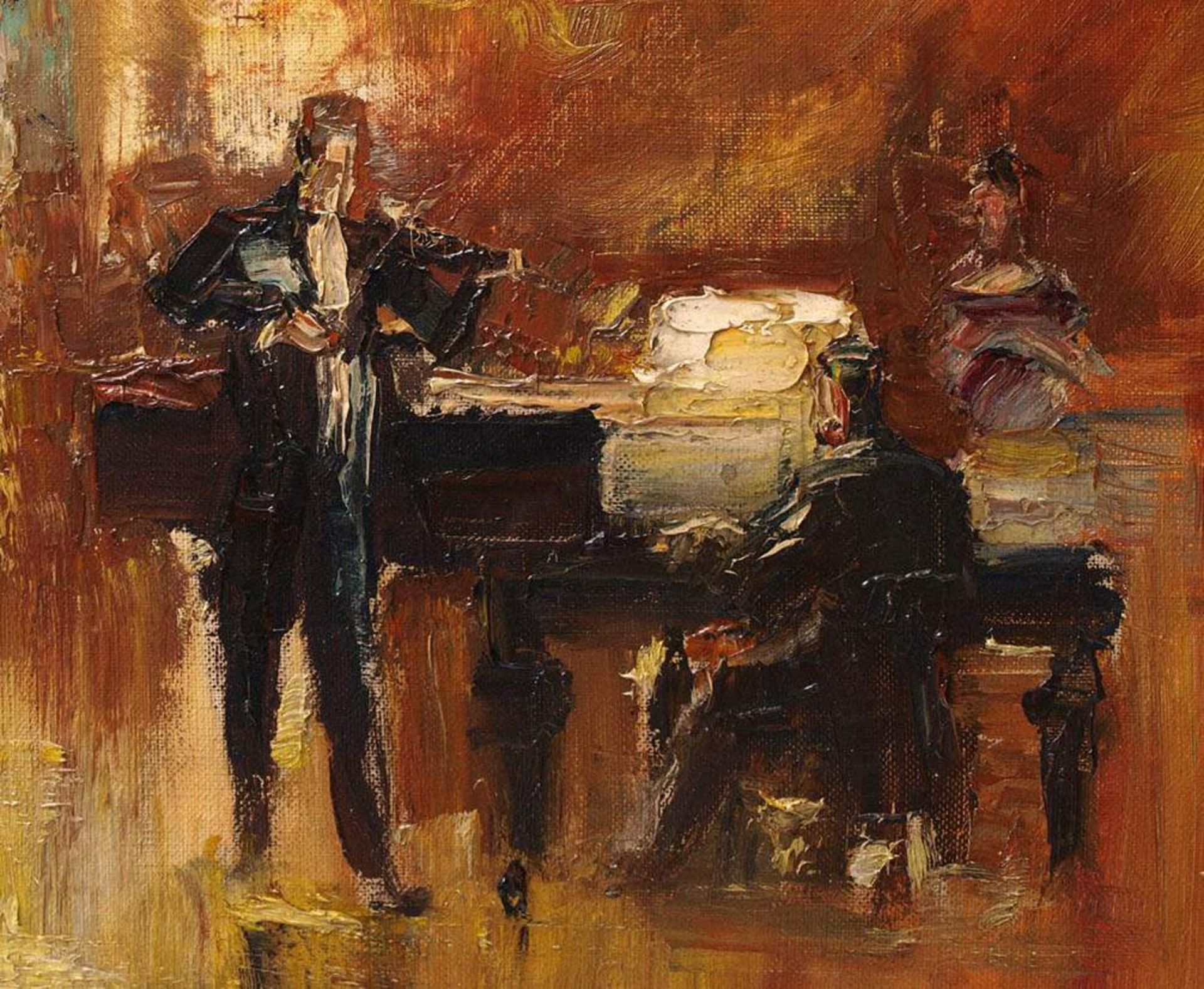 Unbekannter Künstler, 20.Jhdt.Partie in einem Konzertsaal mit Pianist, Geiger und Sängerin. - Bild 3 aus 5