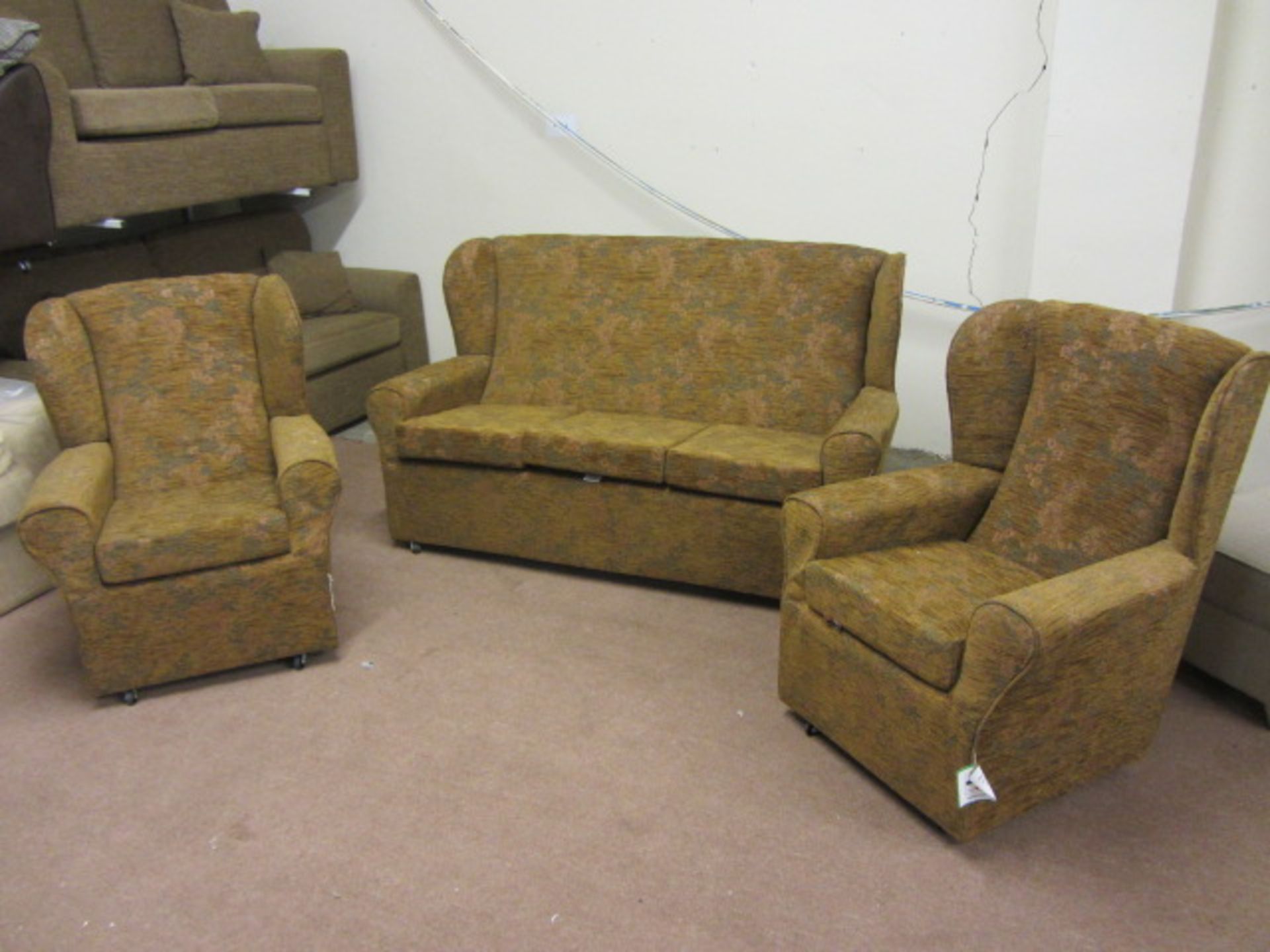 Cottage Style, 3 Seater & 2 Chairs, Brown/Gold Floral Tapestry type fabric, Reversible base cushions