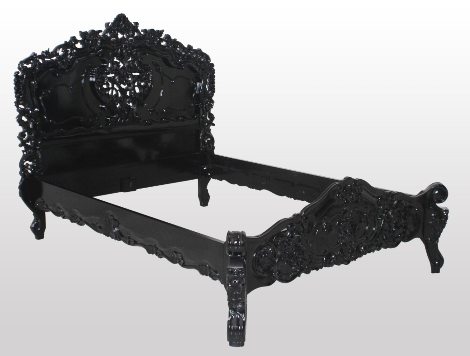 NEW PACKAGED BOUTIQUE HIGH QUALITY SOLID MAHOGANY ROCOCCO FRENCH CARVED SUPER KING SIZE BED IN BLACK