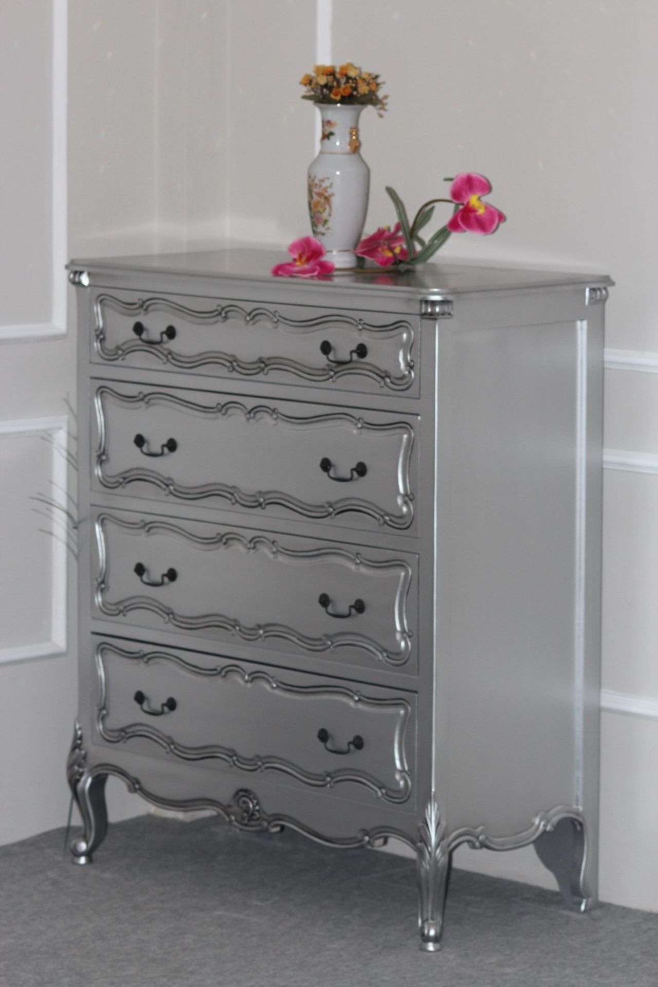 NEW PACKAGED SOLID MAHOGANY 4 DRAWER CHEST IN SILVER