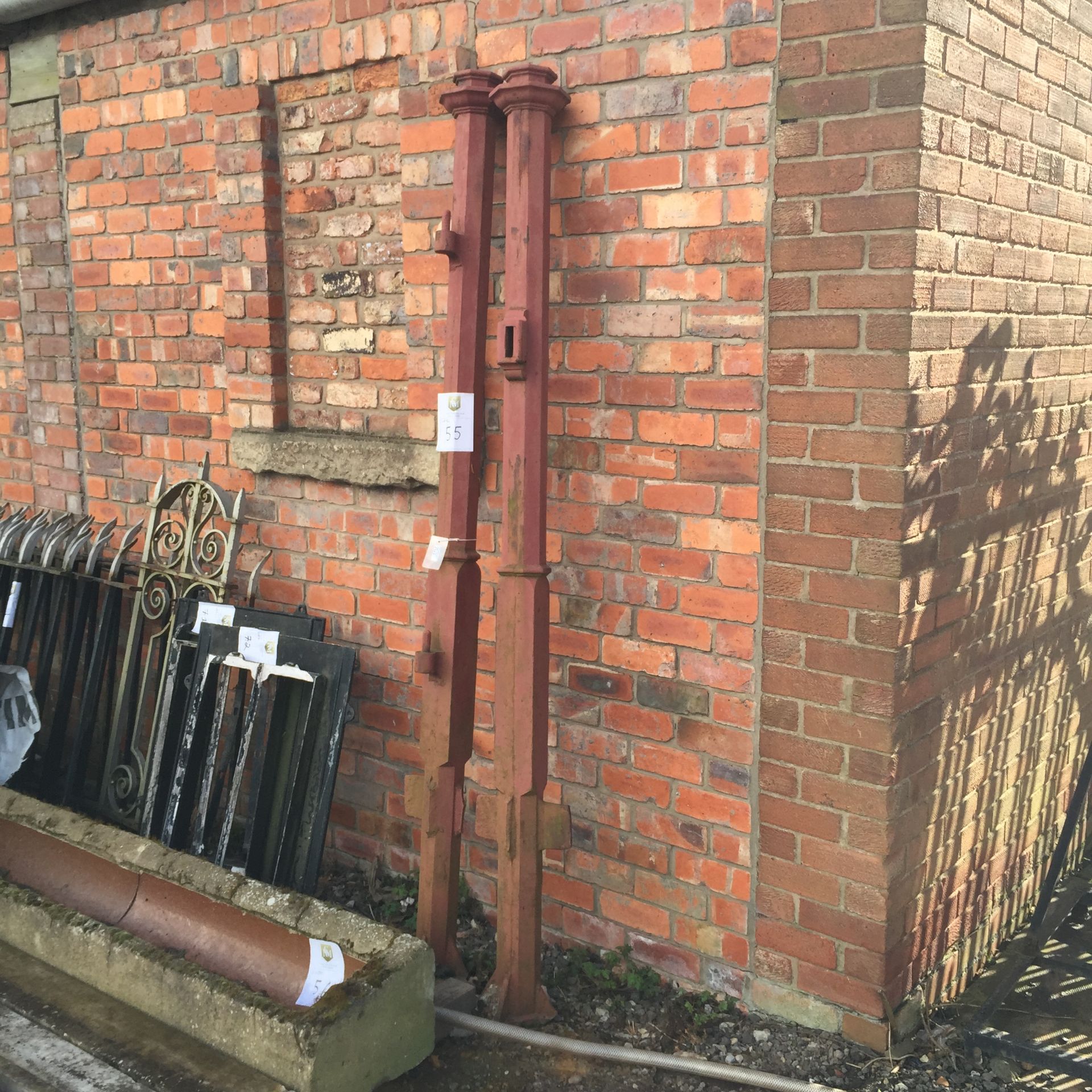 Pair of Large Cast Iron Gate posts to accommodate a single 
gate, possibly turn of the century.  len