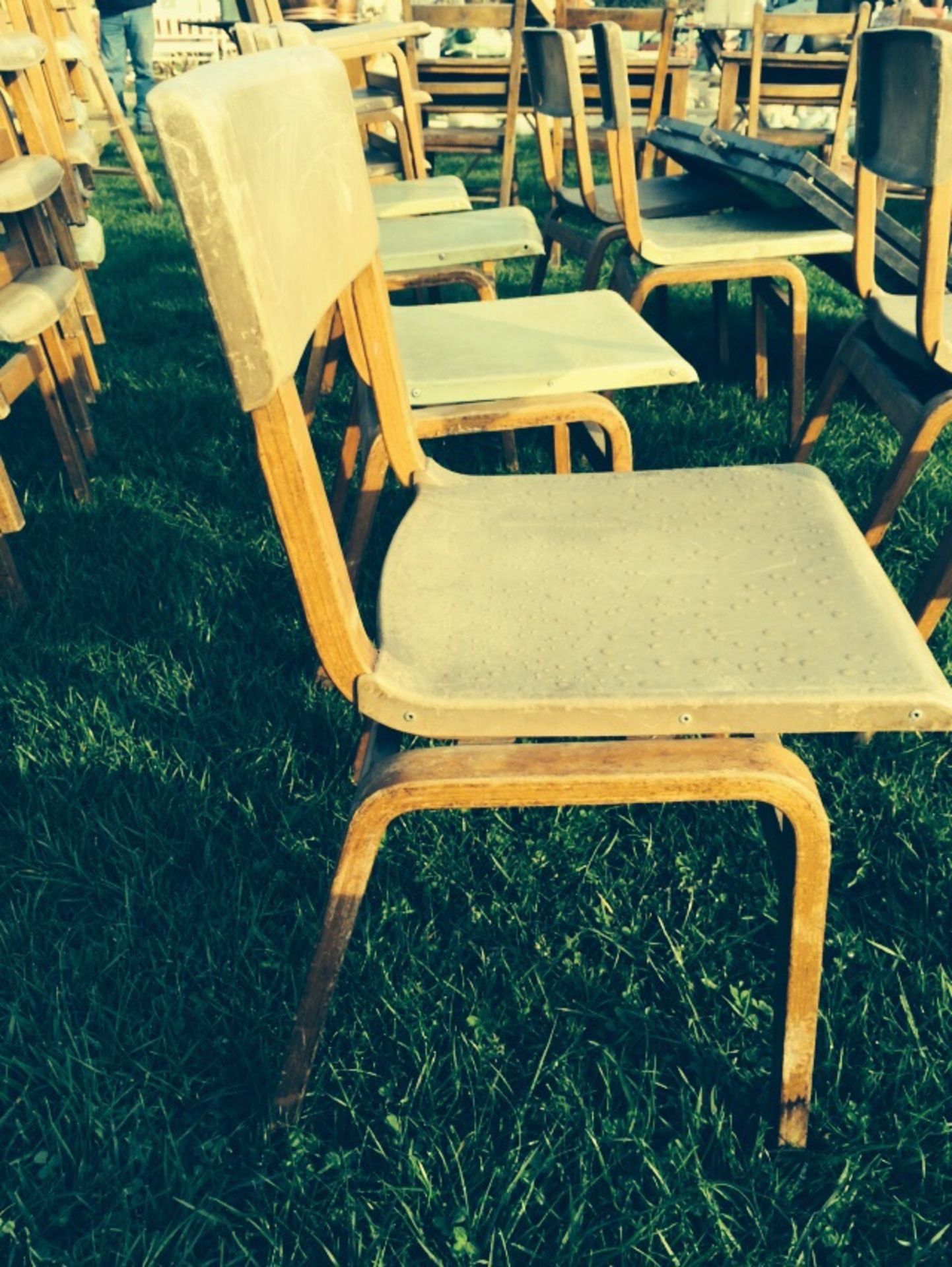 Wooden Stacking Chairs x 6.  Plastic style seating.  Originally from a London Dance Hall.  Height of - Image 3 of 3