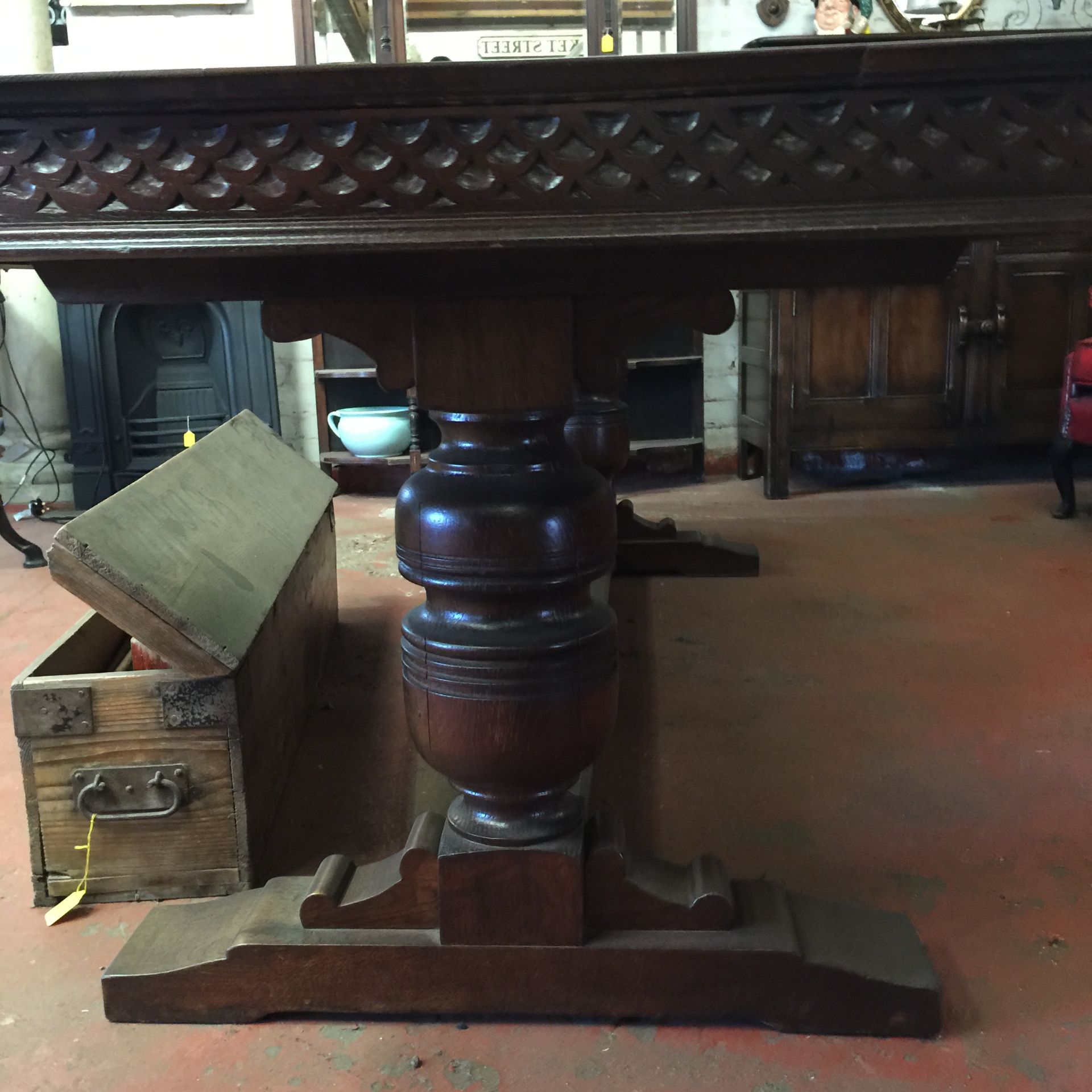 Extremely good condition.  Solid dark wood table from 1930's.  Refectory style base with a decorativ - Image 2 of 4