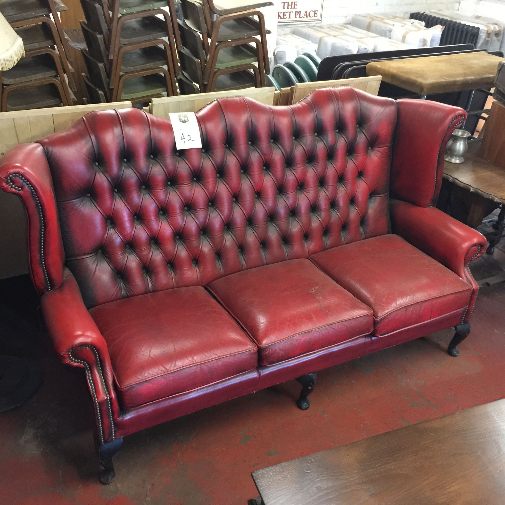 Chesterfield 3 Seater Sofa, Queen Anne legs, high backed and winged.  Slightly worn seat which adds