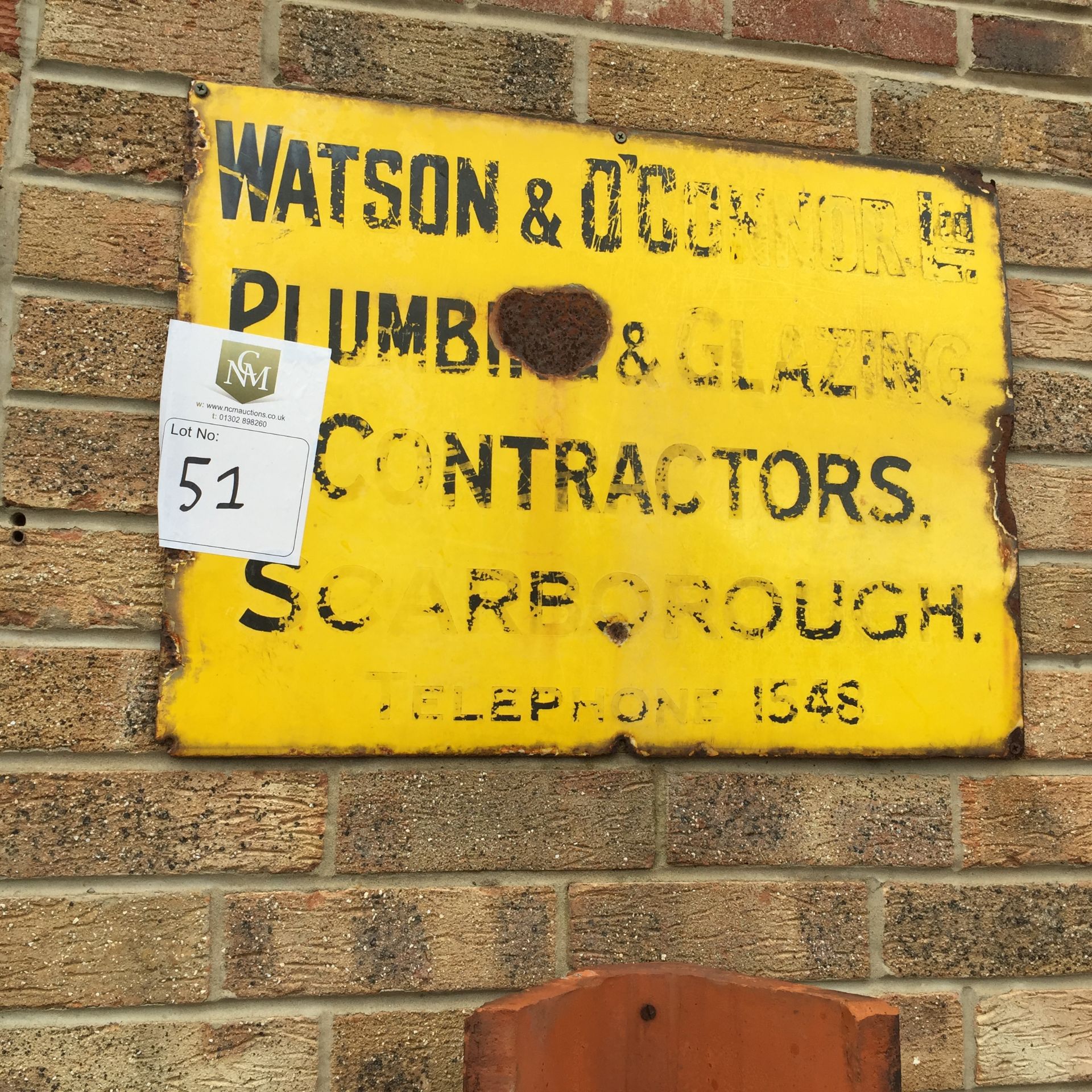 Vintage Yellow enamel sign plumbers contracting 2ft x 18 in