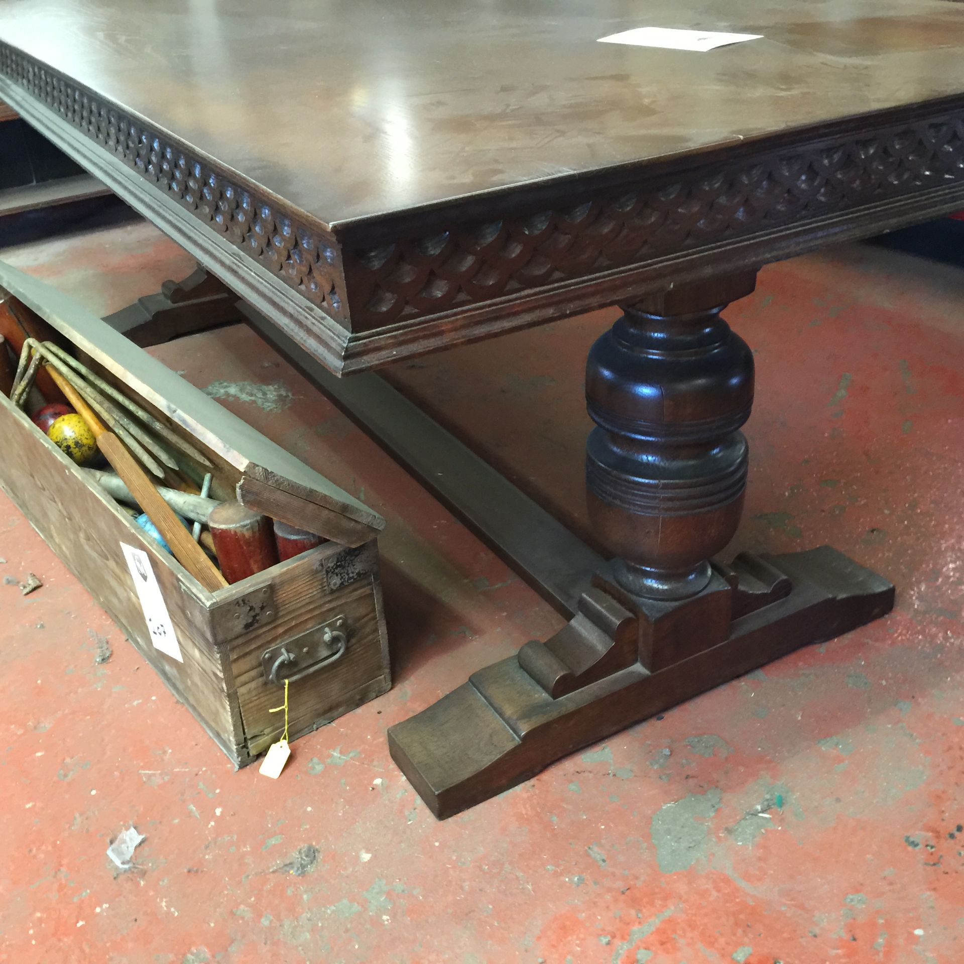 Extremely good condition.  Solid dark wood table from 1930's.  Refectory style base with a decorativ - Image 3 of 4