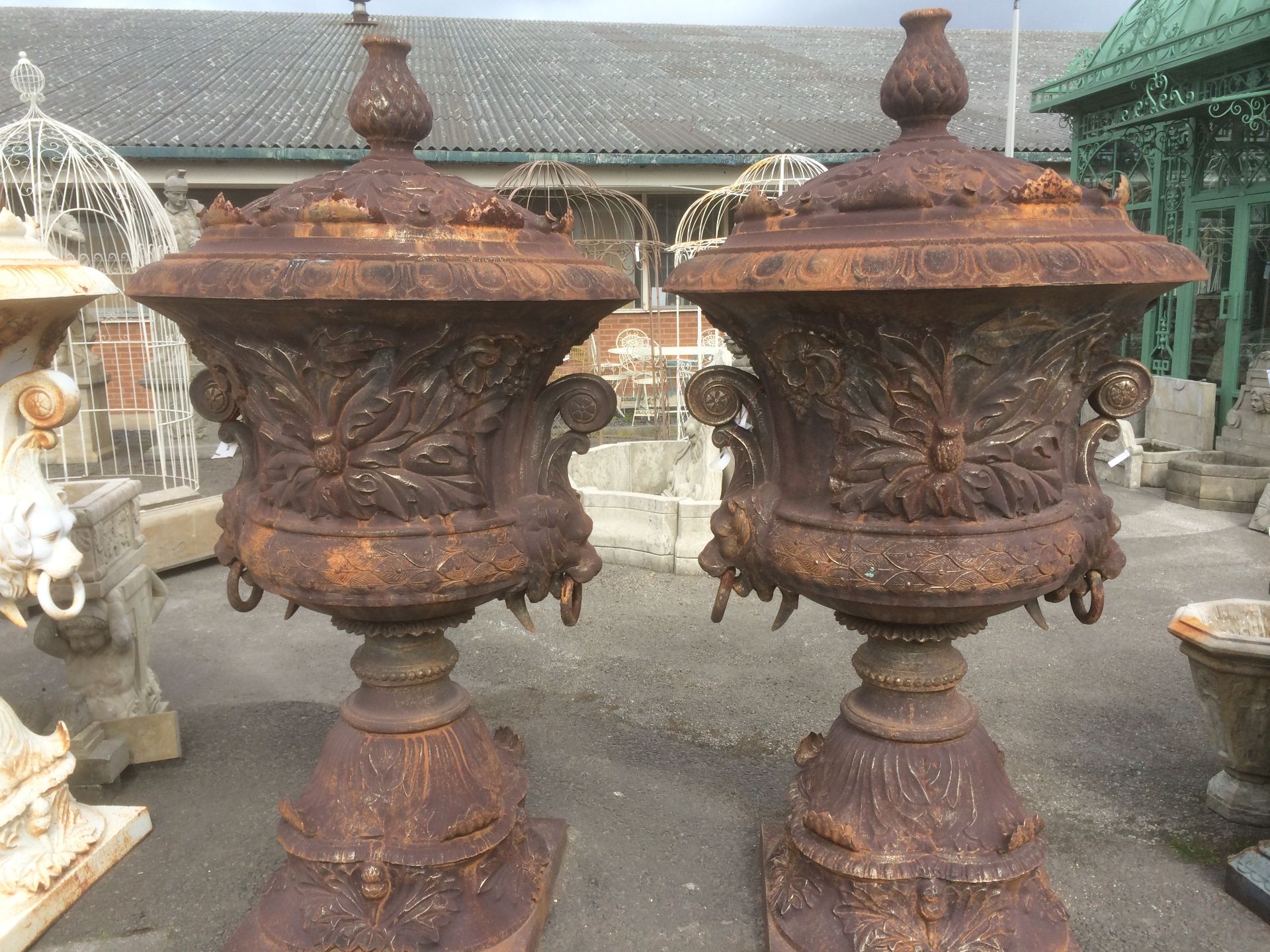 Absolutely stunning huge pair of Cast Iron Urn's complete with lid's.  Old copper style finish width