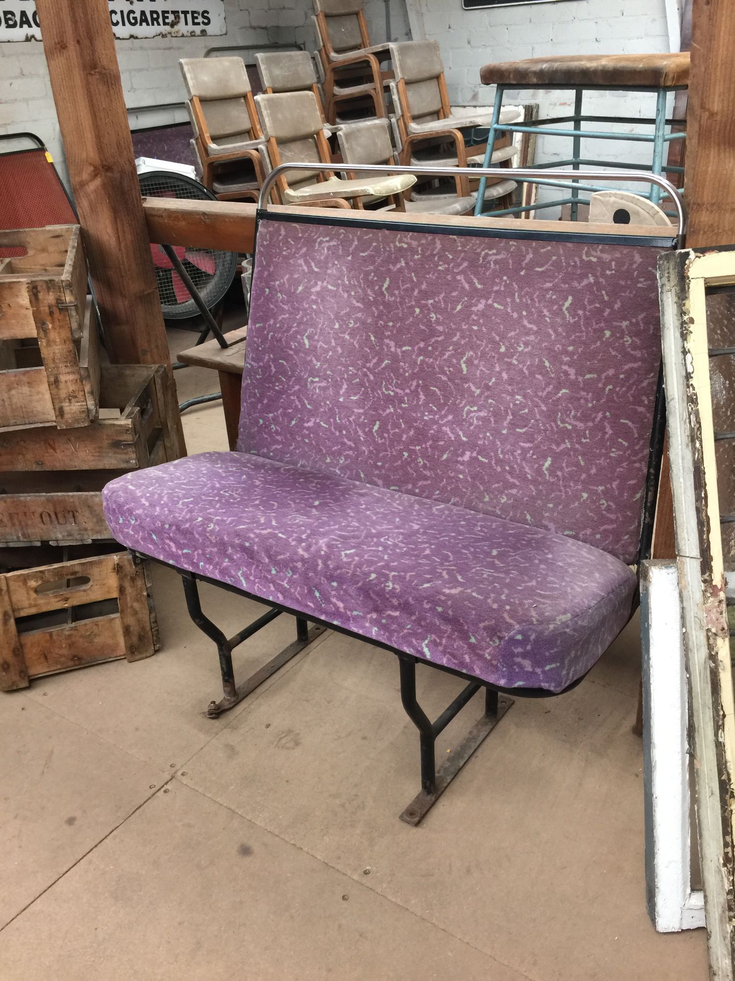 Old original Bus Seats with Purple Patterned Velour Fabric.  H 36" to back x Seat Height 16" x W 35"