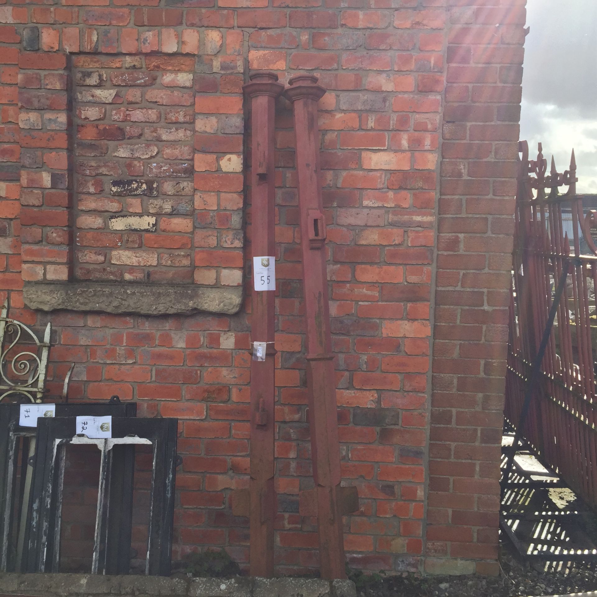 Pair of Large Cast Iron Gate posts to accommodate a single 
gate, possibly turn of the century.  len - Image 2 of 2