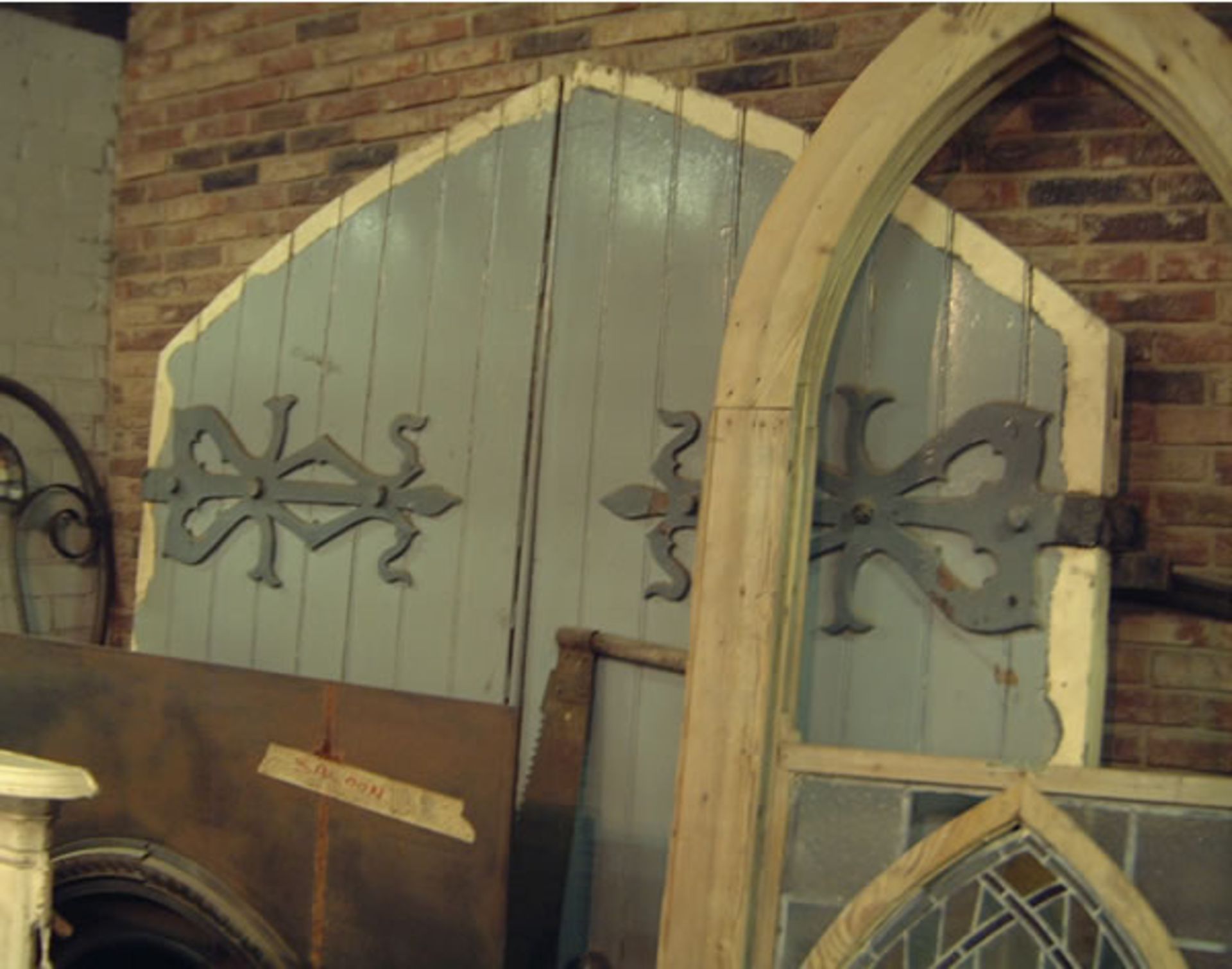 Original Church door fabulous decorative hinges in original condition 79 inchs wide 91 inchs tall