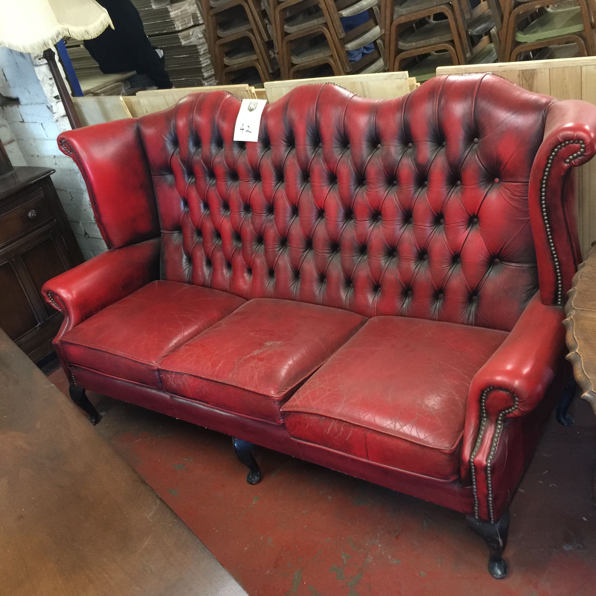 Chesterfield 3 Seater Sofa, Queen Anne legs, high backed and winged.  Slightly worn seat which adds - Image 2 of 2