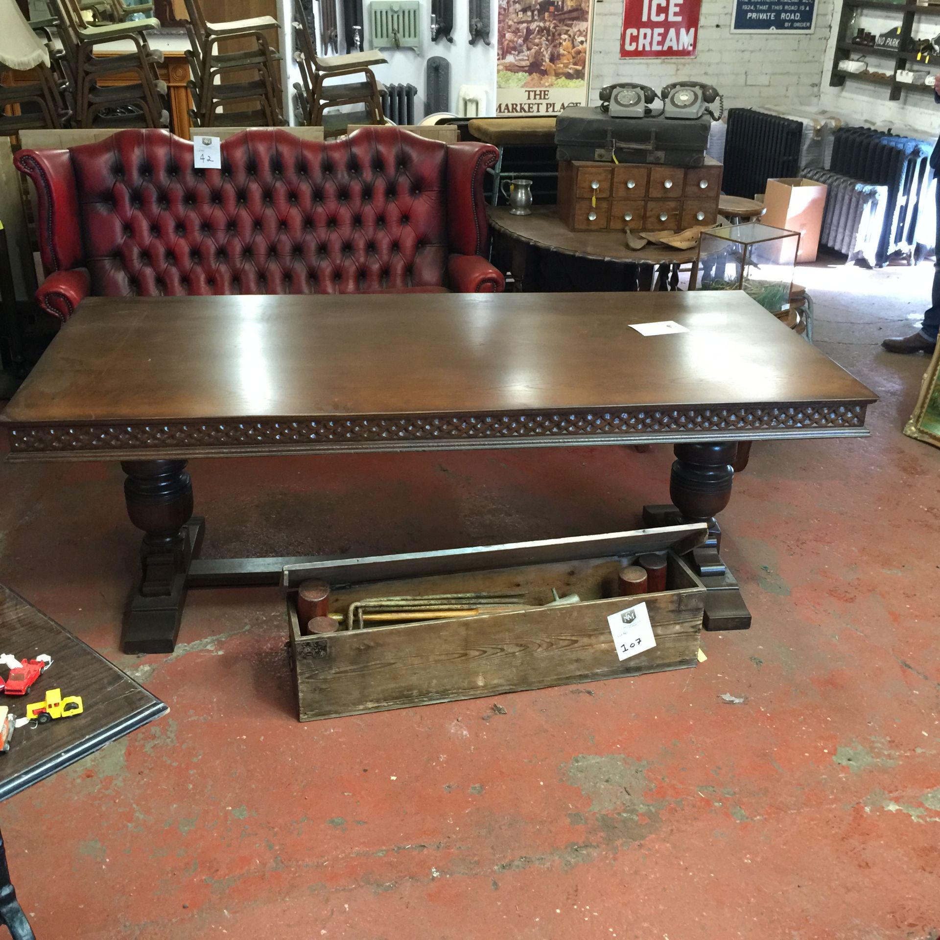 Extremely good condition.  Solid dark wood table from 1930's.  Refectory style base with a decorativ - Image 4 of 4