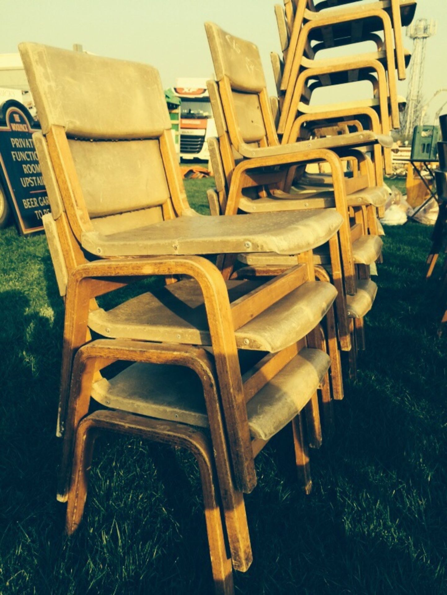 Wooden Stacking Chairs x 6.  Plastic style seating.  Originally from a London Dance Hall.  Height of