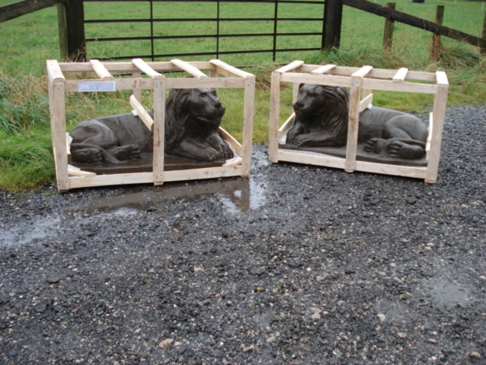 PAIR LARGE CRATED LIONS LAID ON PLINTH