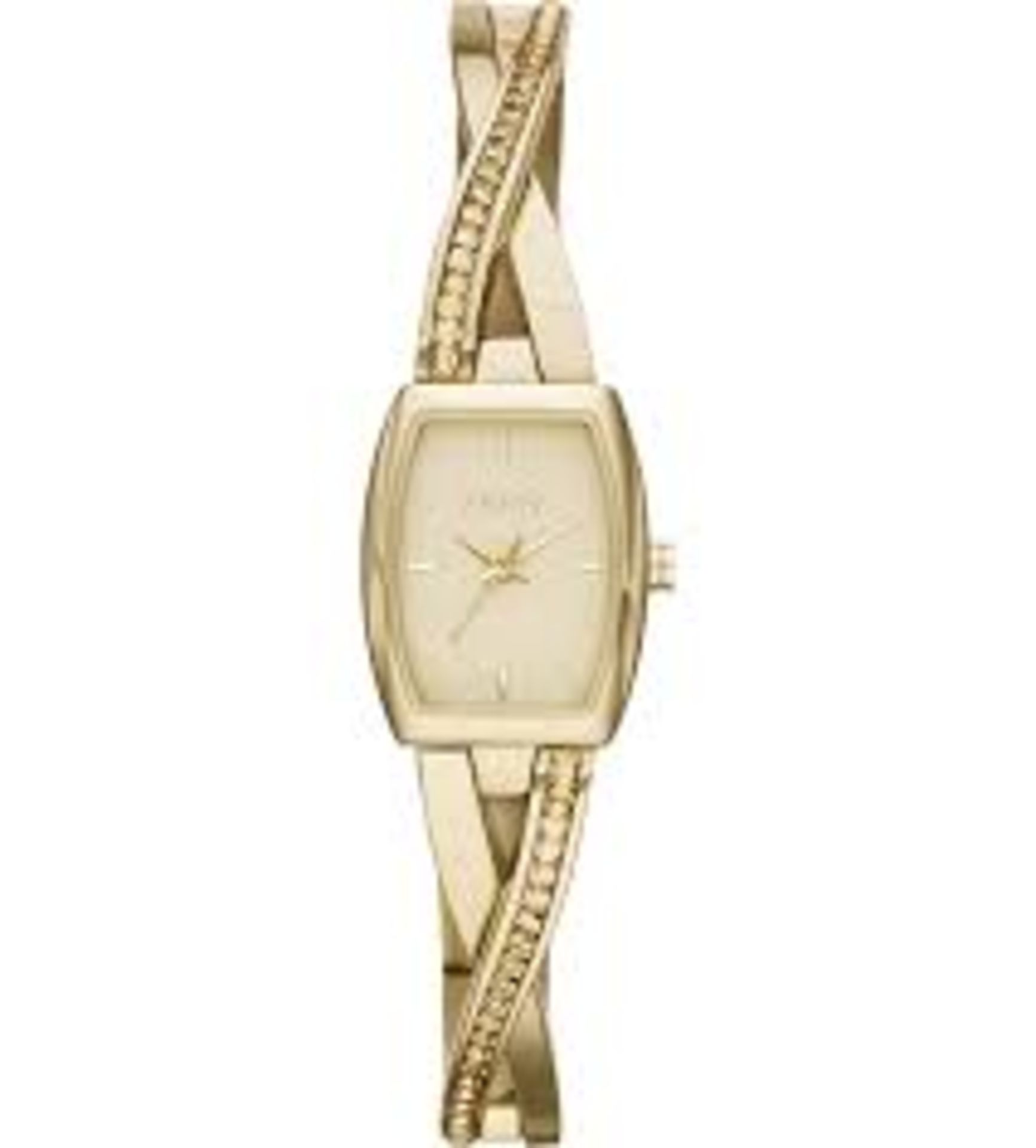 Ladies DKNY watch, model number NY2237, Stainless steel with yellow gold plating,cross over design w