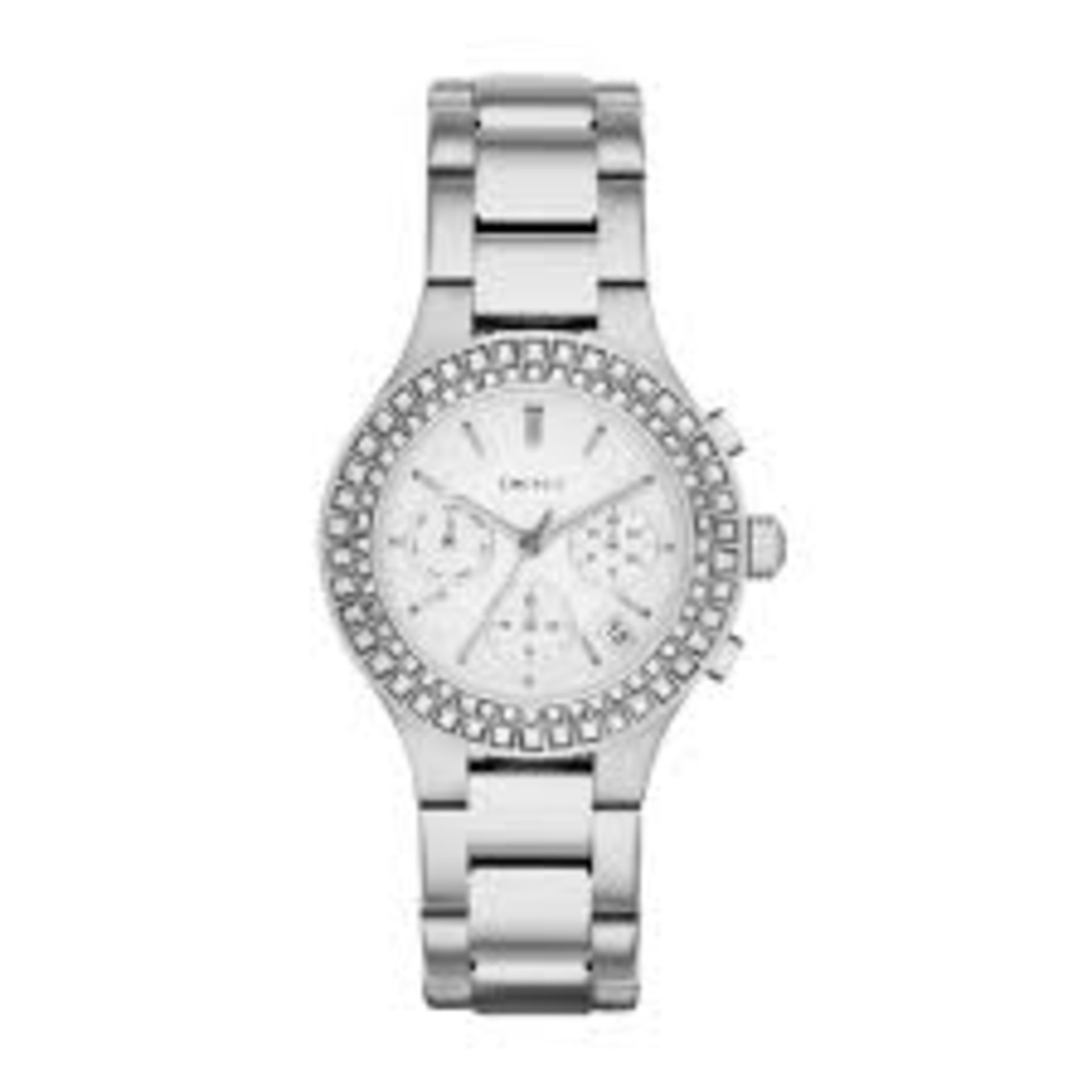Ladies DKNY watch, model number NY2258. Stainless steel, round face with white dial and chronograph.
