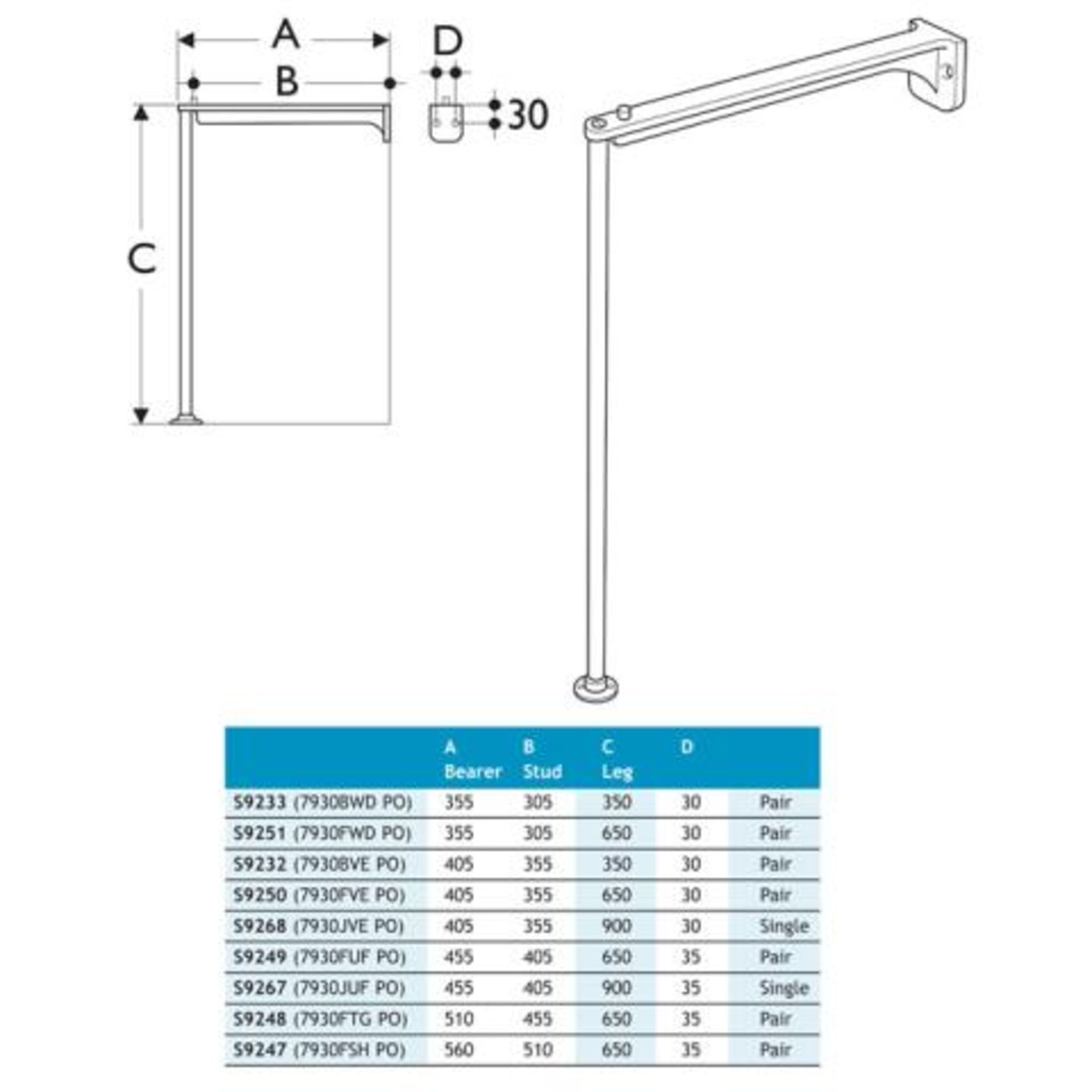 Legs & Bearers S9250MY 650mm Stainless Steel Legs & 405mm Screw to Wall Alloy Bearer [RRP: £102.83]