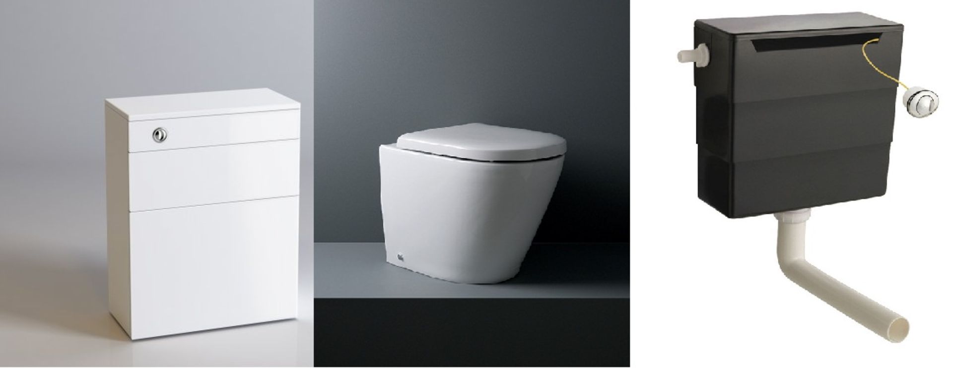 Atlanta Back To Wall WC Pan, White Ceramic 385x375x545mm with concealed dual flush push button ciste