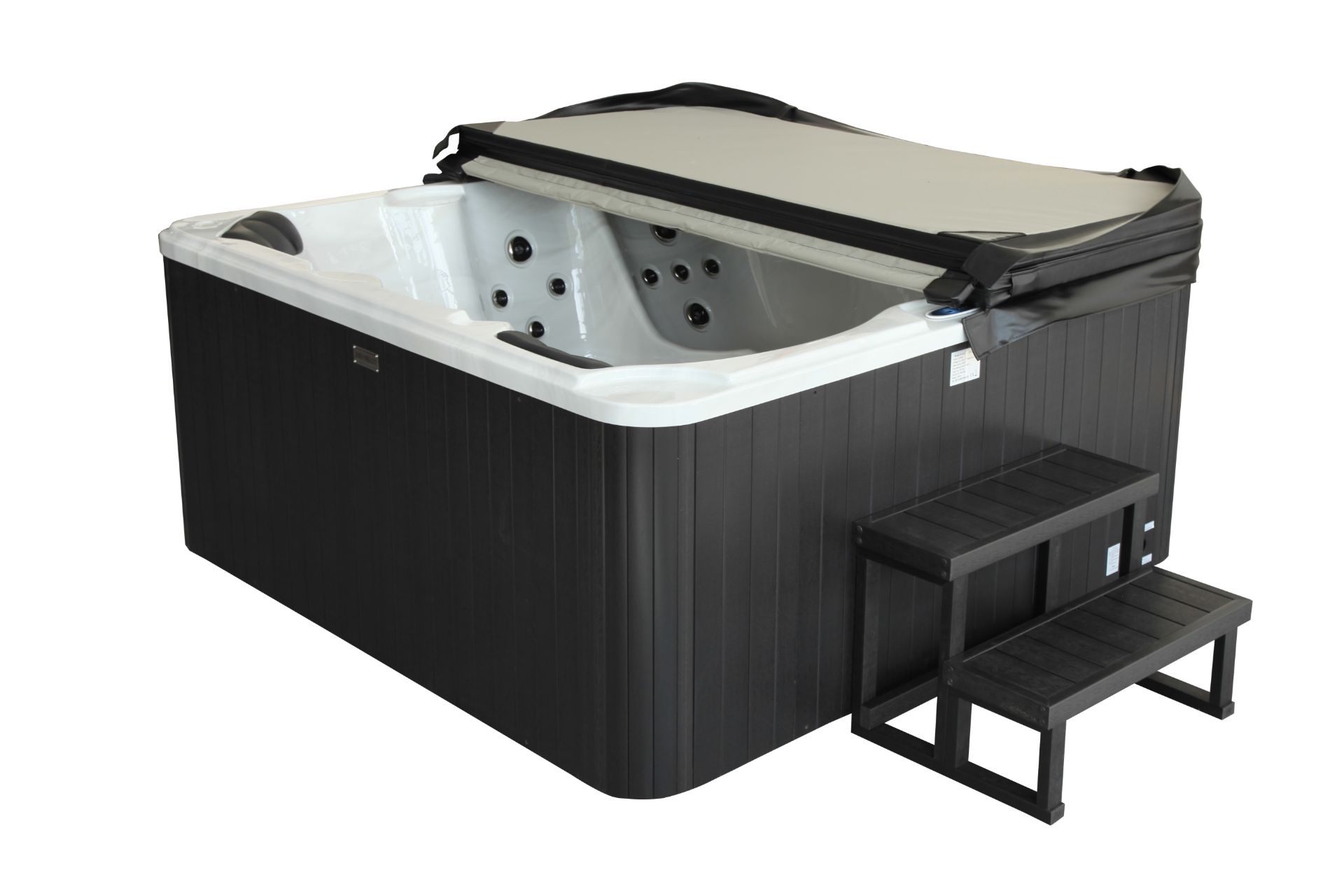 HIGH QUALITY NEW PACKAGED 2015 HOT TUB, MATCHING STEPS, SIDE, INSULATING COVER, TOP USA RUNNING GEAR - Image 3 of 6