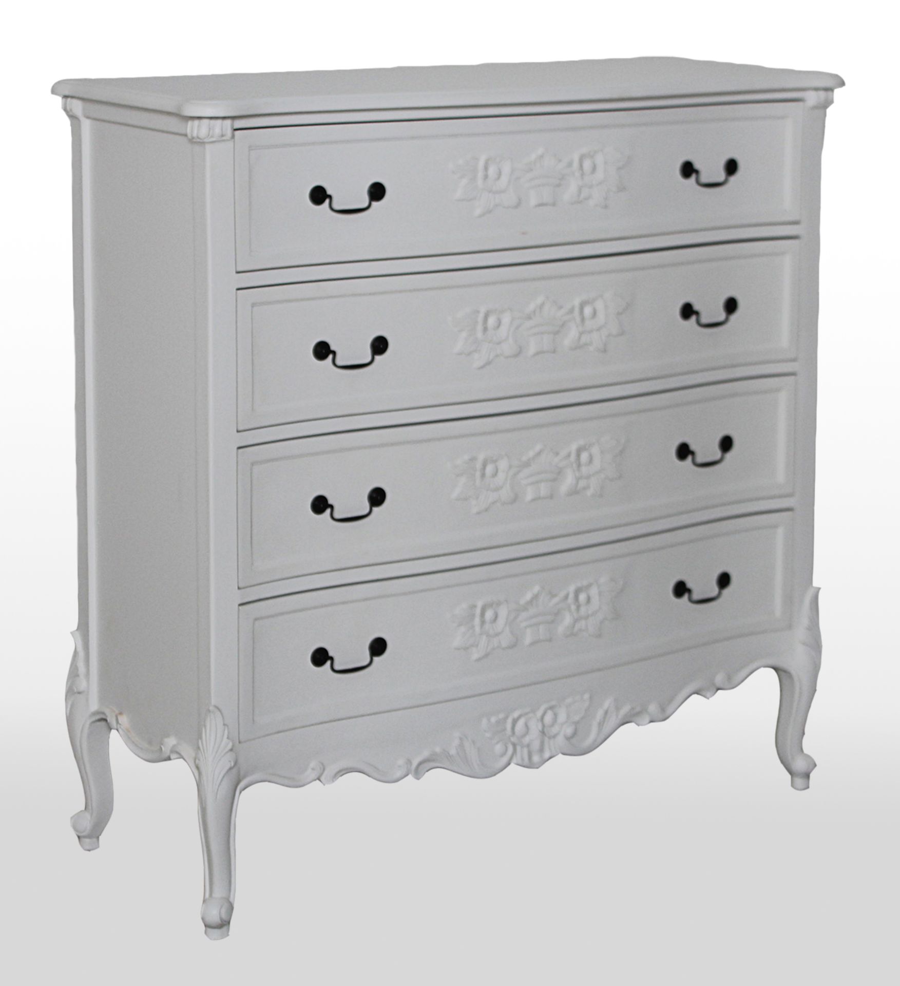 NEW PACKAGED BOUTIQUE HIGH QUALITY SOLID MAHOGANY LOUIS FRENCH 4 DRAWER CHEST IN WHITE