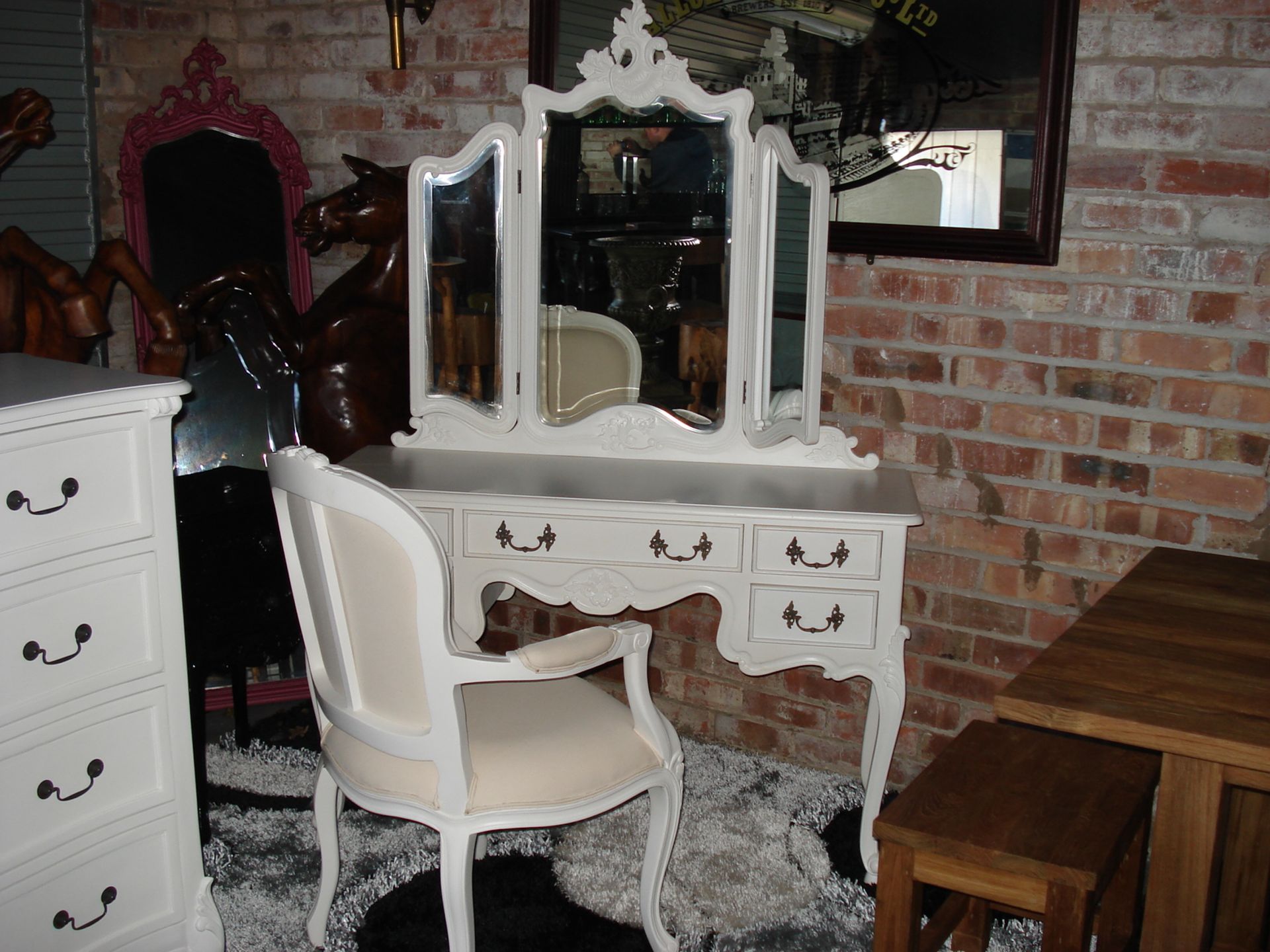 EX-DISPLAY SOLID MAHOGANY ROCCCO FRENCH WHITE PARIS DRESSING TABLE AND MATCHING CHAIR rrp £699