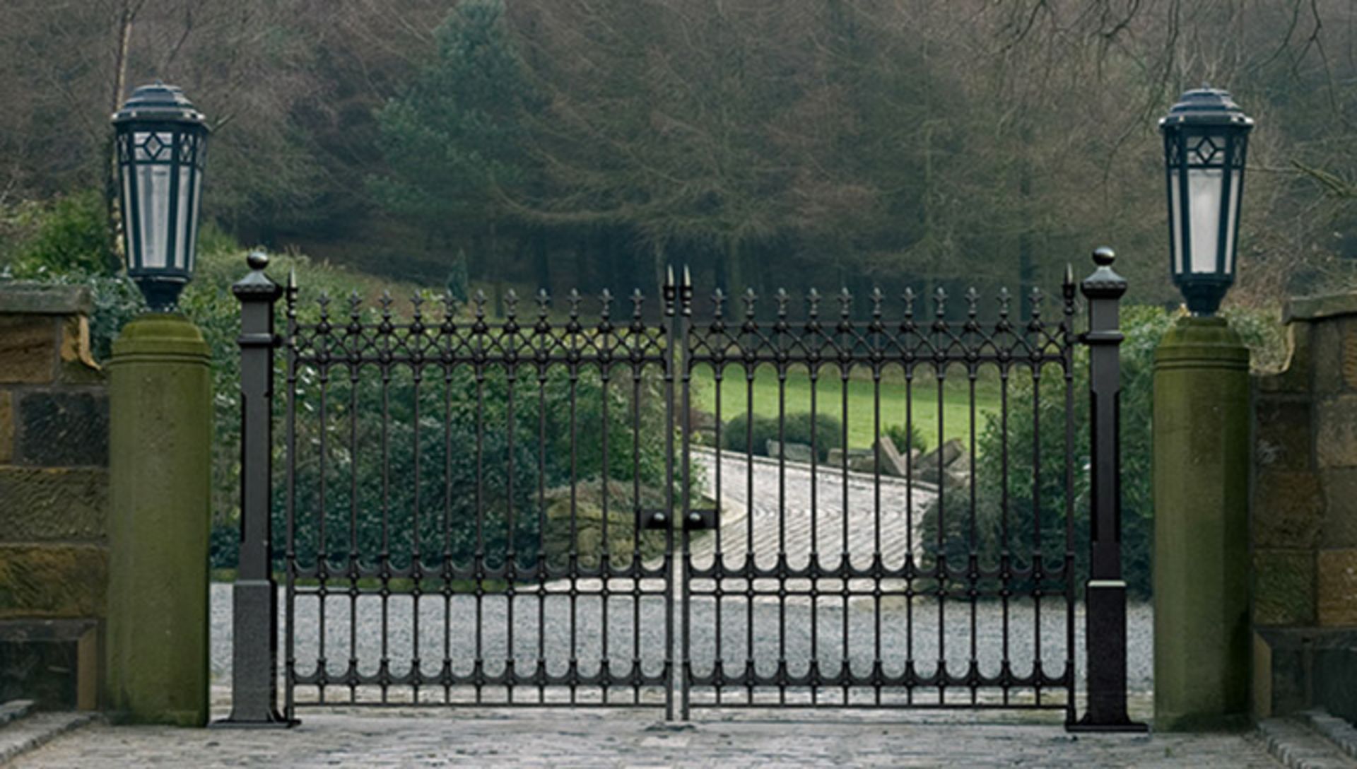 PAIR HIGH QUALITY CAST IRON GATES AND POSTS - MATCHING SET, C/W HINGES ETC  12FT WIDE X 7FT TALL