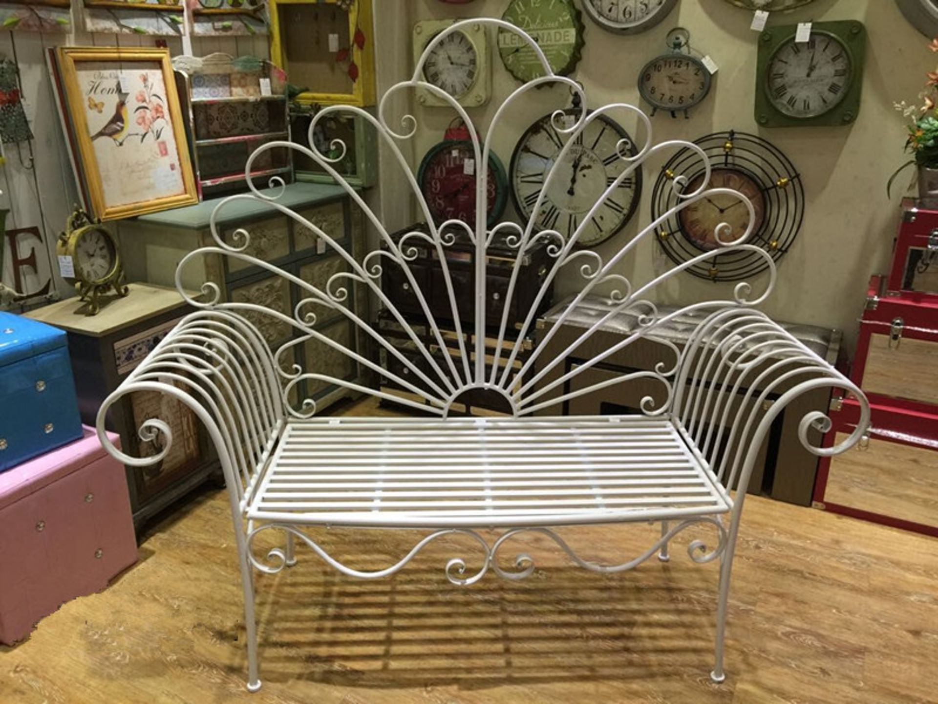 NEW BOXED ORNATE IRON WHITE PEACOCK BENCH