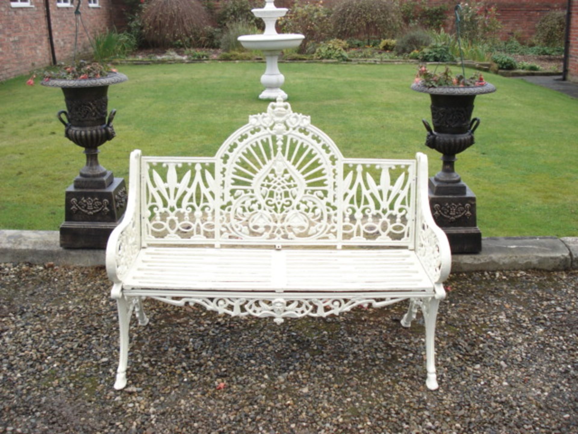 CAST IRON ANTIQUE WHITE CROWN GARDEN BENCH