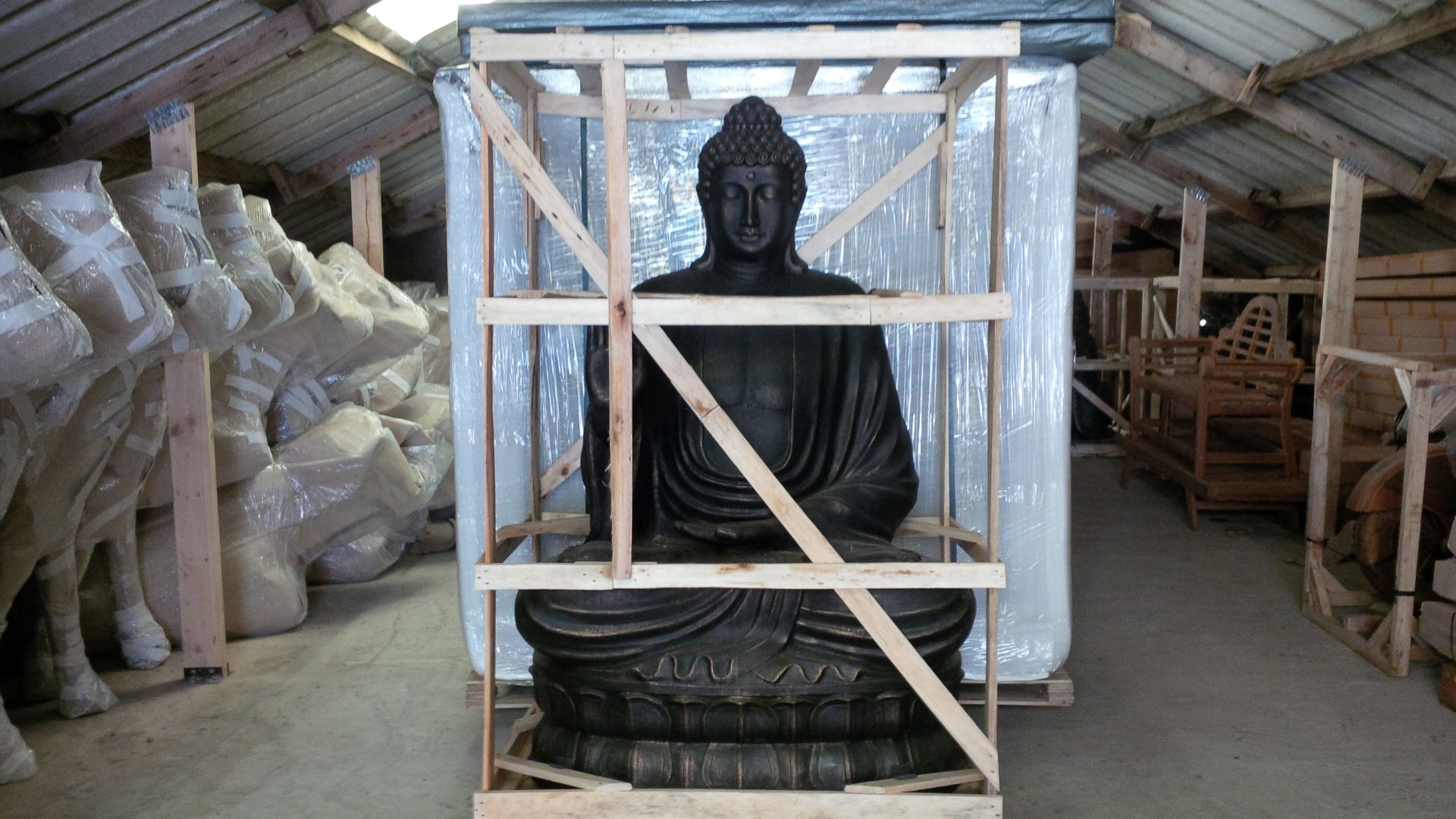 HUGE 7FT TALL CRATED BUDDHA STATUE FINISHED IN BRONZE