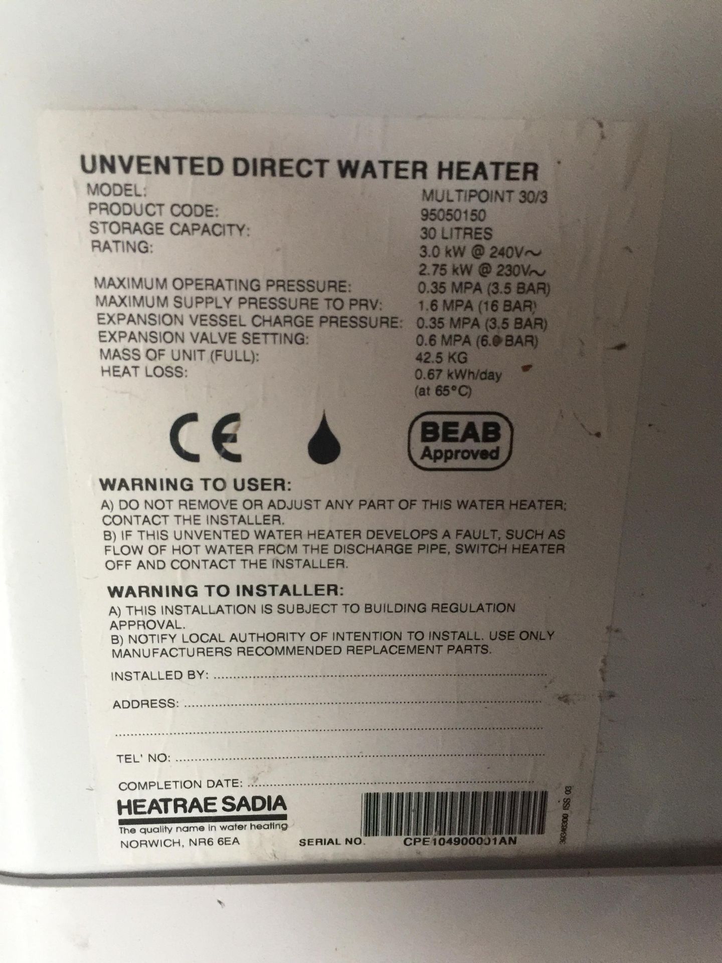 HEATRAE SADIA - Multipoint 30/3 - Unvented Direct Water Heater - Capacity 30 Litres - Image 2 of 2