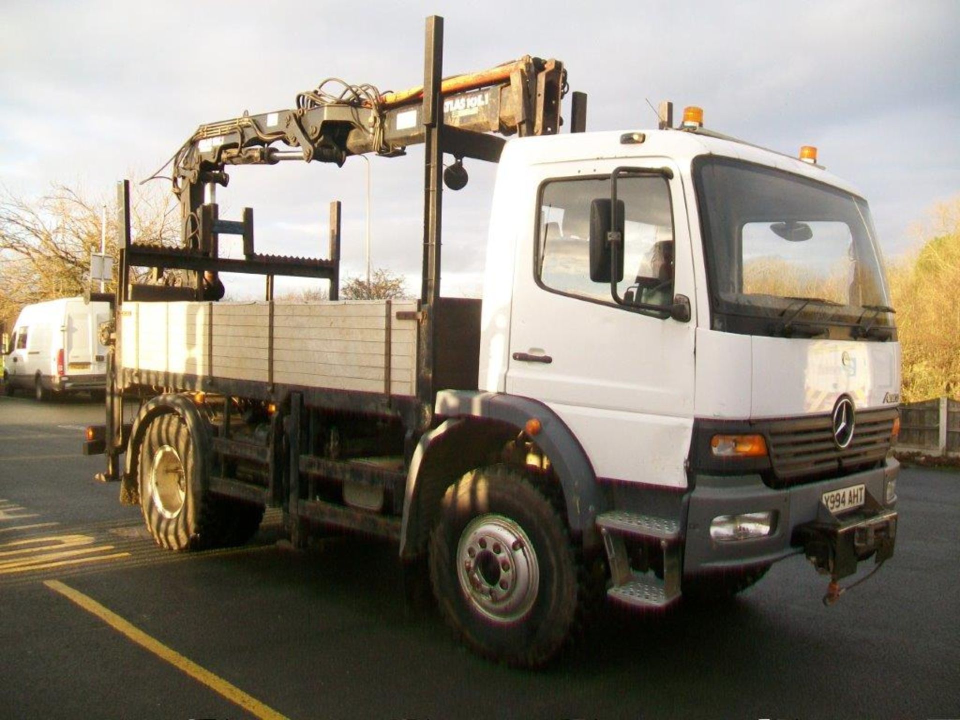 2000 / X Mercedes Atego 1317 Day Cab pole erection unit, fitted with dropside body and Atlas Crane